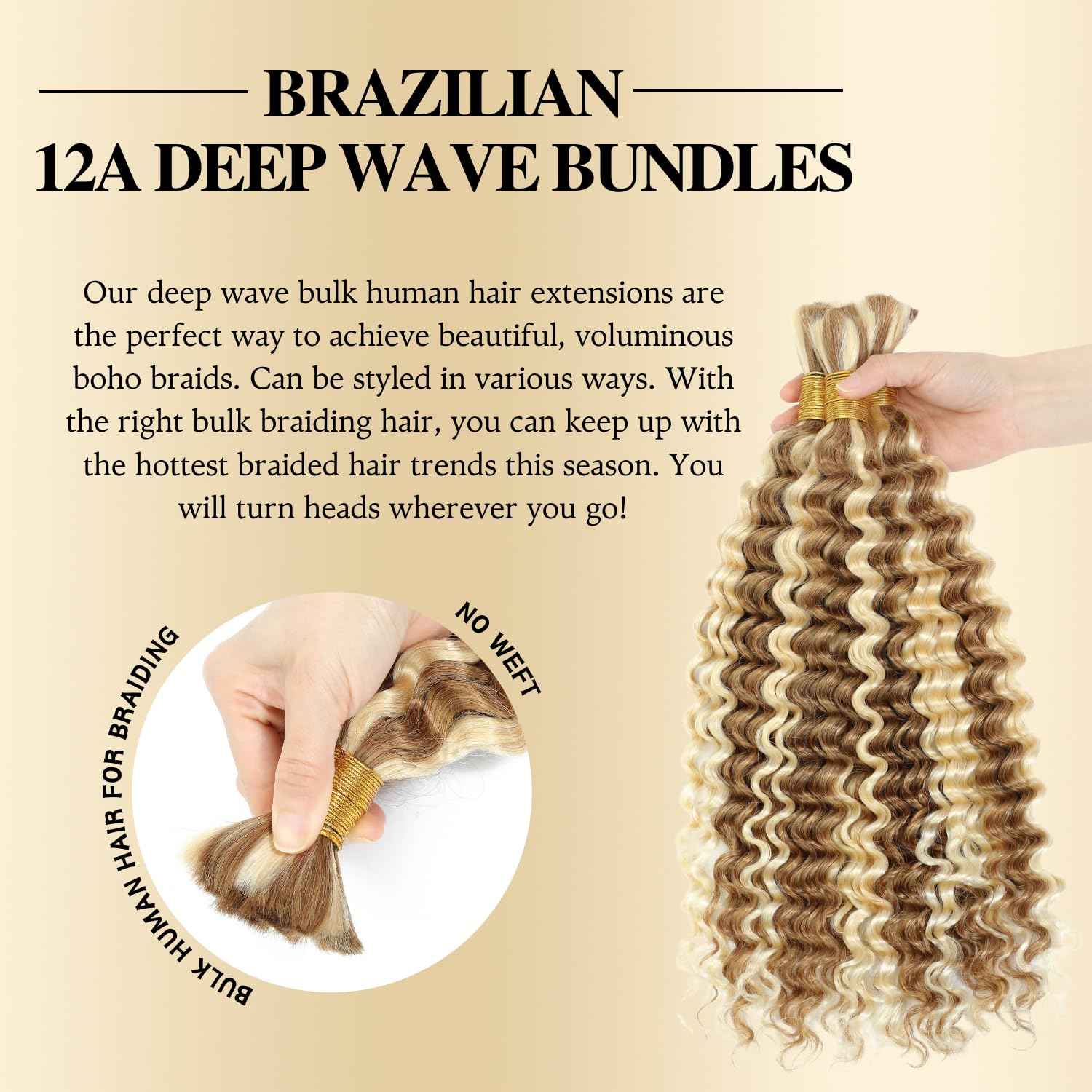Syrenlore Ombre 27/613 Curly Deep Wave Braiding Hair Bulk, Highlighted Multi-Blonde Braiding Human Hair for Boho Knotless Braids, No Weft Blonde Extensions 20 Inch 50G LIGHT BULK