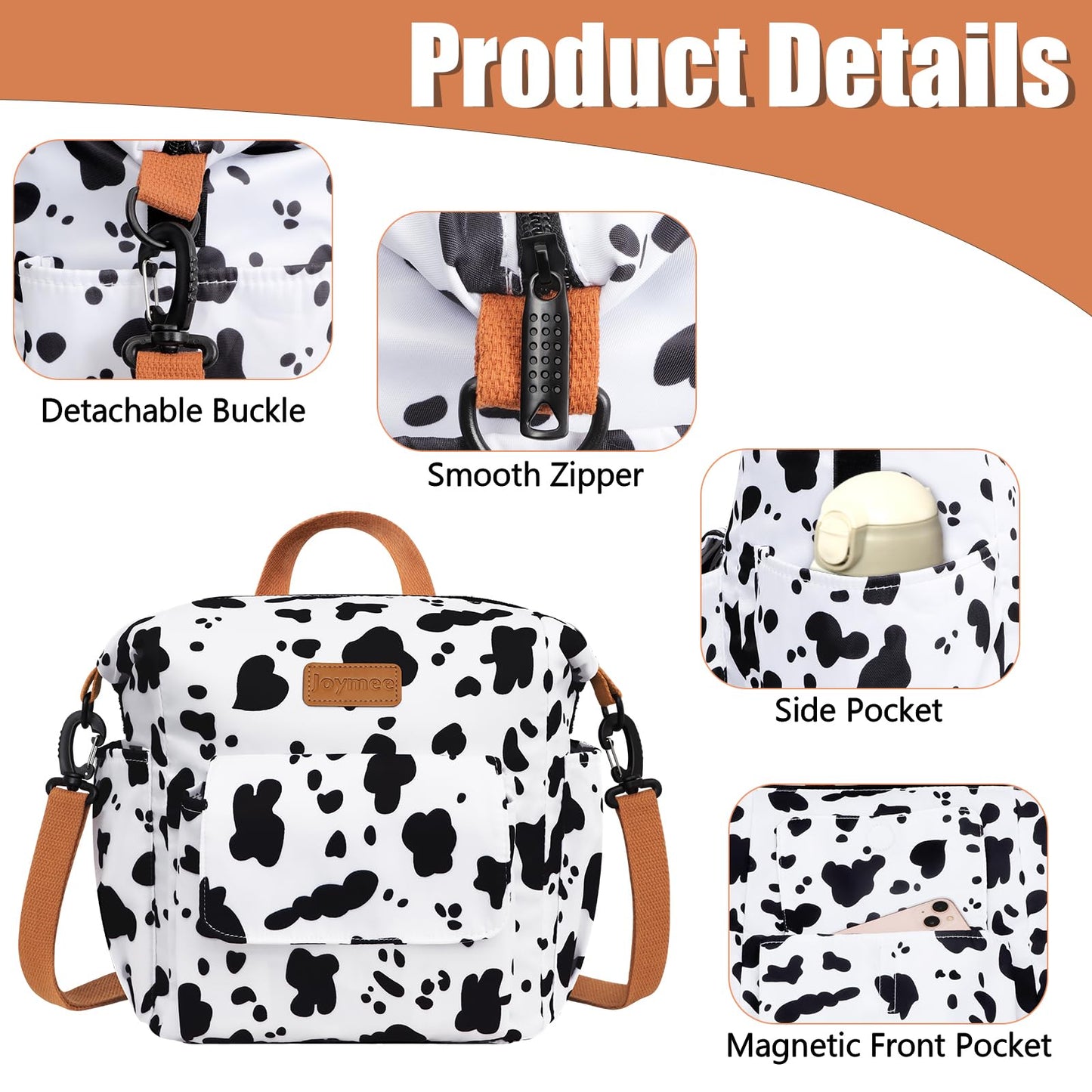 Joymee Insulated Lunch Bag for Women Men- Leak-proof Large Capacity Reusable Versatile Lunch Bag Adjustable Shoulder Strap Side Pockets- Lunch Cooler Bag for Adult - for Trip, Picnic, Work, Cow