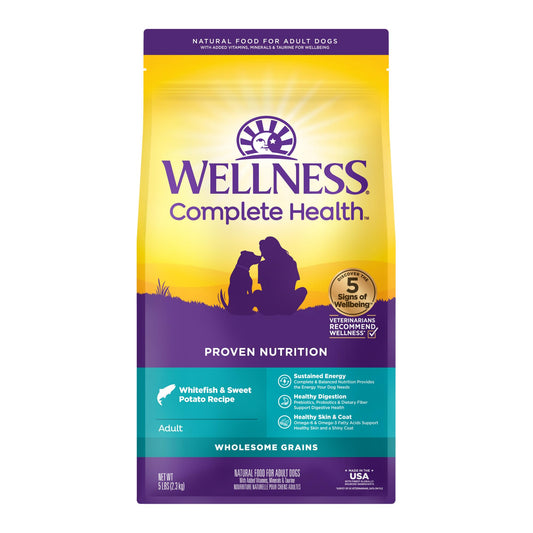 Wellness Complete Health Dry Dog Food with Grains, Natural Ingredients, Made in USA with Real Meat, All Breeds, For Adult Dogs (Whitefish & Sweet Potato, 5-Pound Bag)