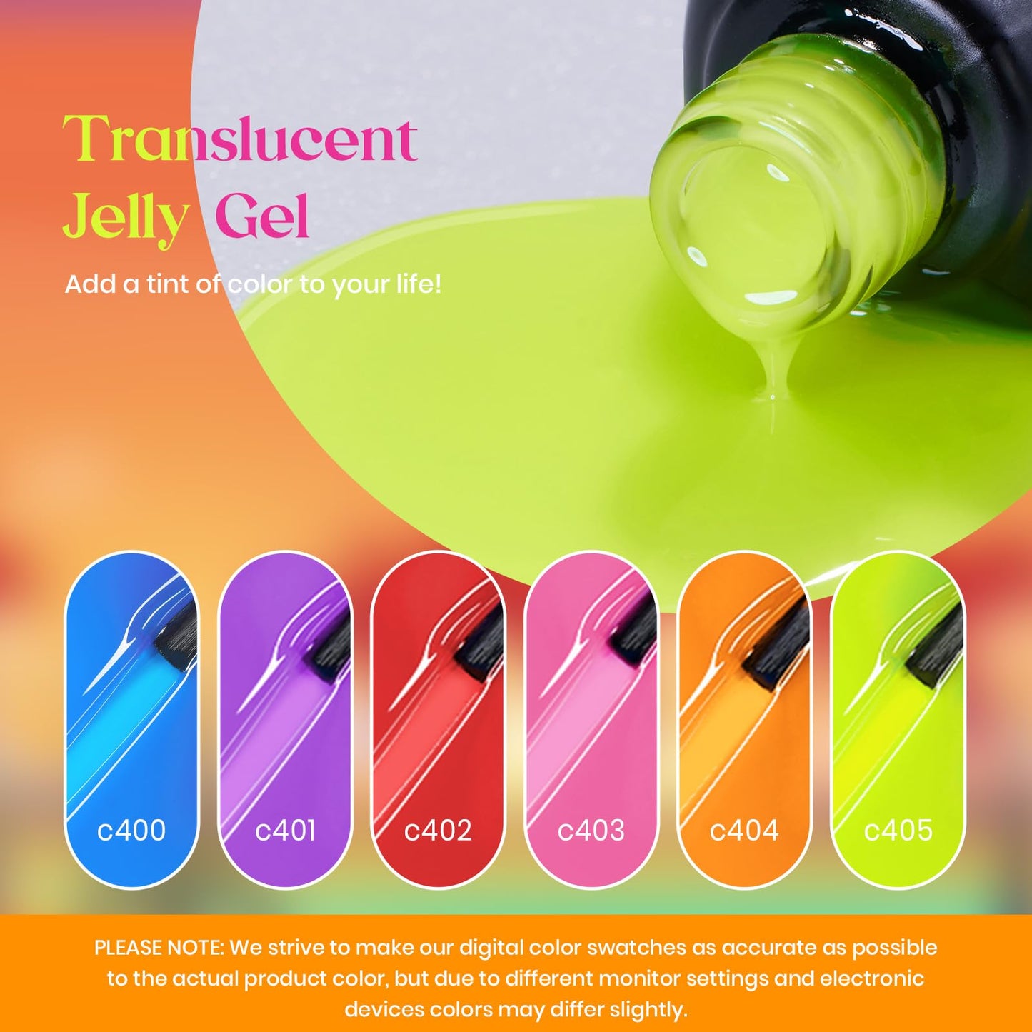 Beetles Jelly Gel Nail Polish, 6 Colors Jelly Tint Neon Gel Polish Translucent Red Hot Pink Purple Bright Blue Yellow Gel Polish Soak Off Uv Led Gel Nail Art Manicure Gift for Girls Women