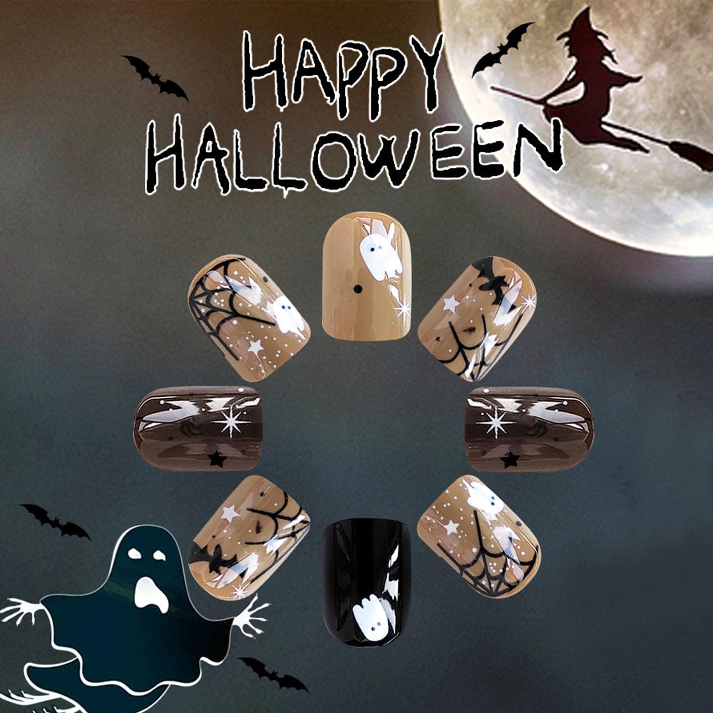 Halloween Press on Nails Short Square Fake Nails Press ons Brown Full Cover Glue on Nails Spider Web Bat Ghost Design False Nails Glossy Artificial Stick on Nails for Women 24Pcs