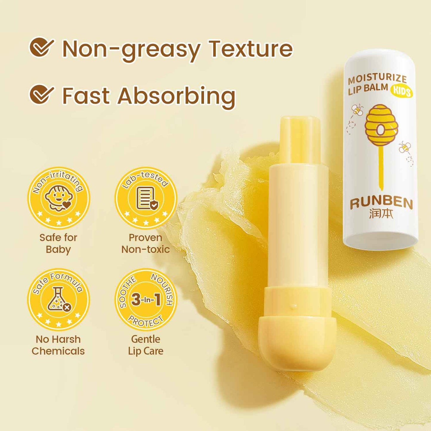 RUNBEN 3 Pack Kids Lip Balm Set Moisturize Baby Lip Balm Toddler Chapped Lips, 24H Deep Moisturizing, Non-toxic & Safe Lips Care