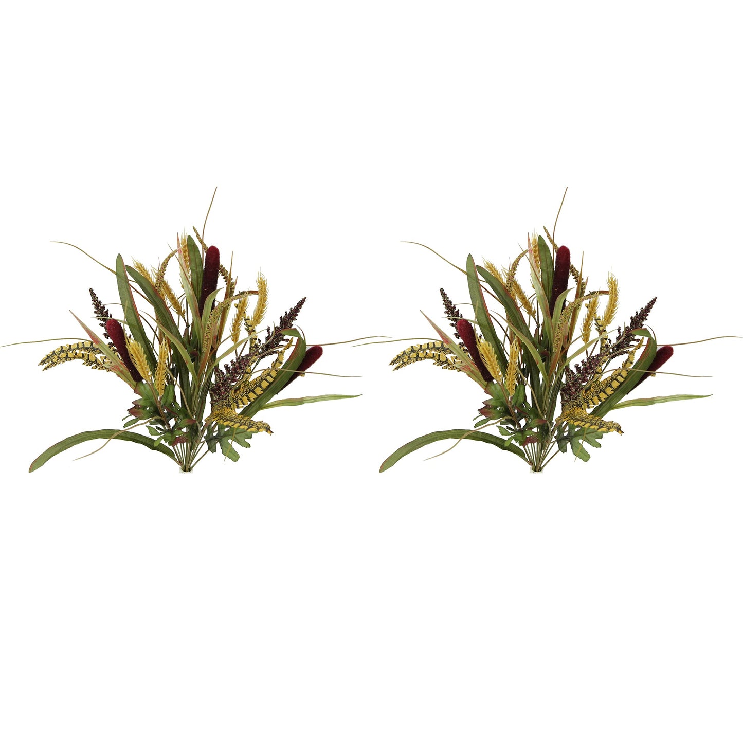 Admired By Nature 14 Stems Artificial Flowers Cattail Wheat Fall Mixed Bush Decorative Flower Arrangements Faux Cattails Plant for Wedding Home Office Cemetery Flowers for Grave, Burgundy, Set of 2