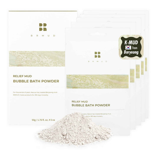 BRMUD Relief Mud Bubble Bath Powder | ATEEZ Pick| Hypoallergenic Mud Powder Bubble Bath w/ 98% Nature-Derived Ingredients | Moisturizing & Foaming Bath Oil Control for All Skin (Pack of 6, 1.76 oz)