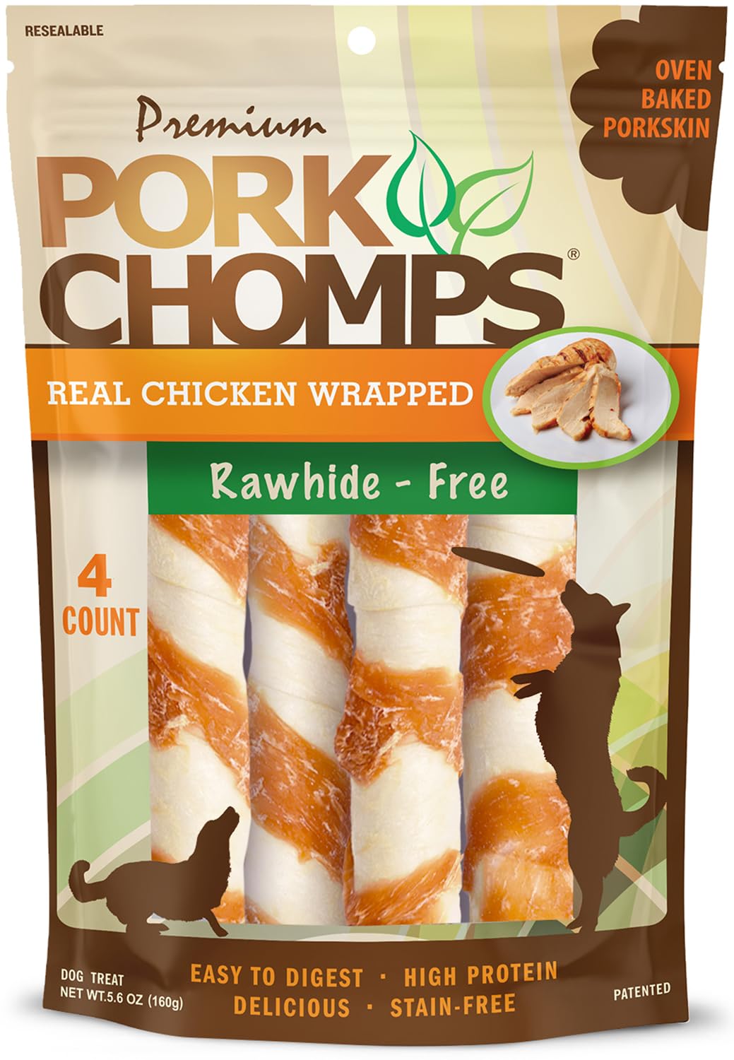 Pork Chomps Baked Pork Skin Dog Chews, 6-inch Twists, Real Chicken Wrap, 4 Count