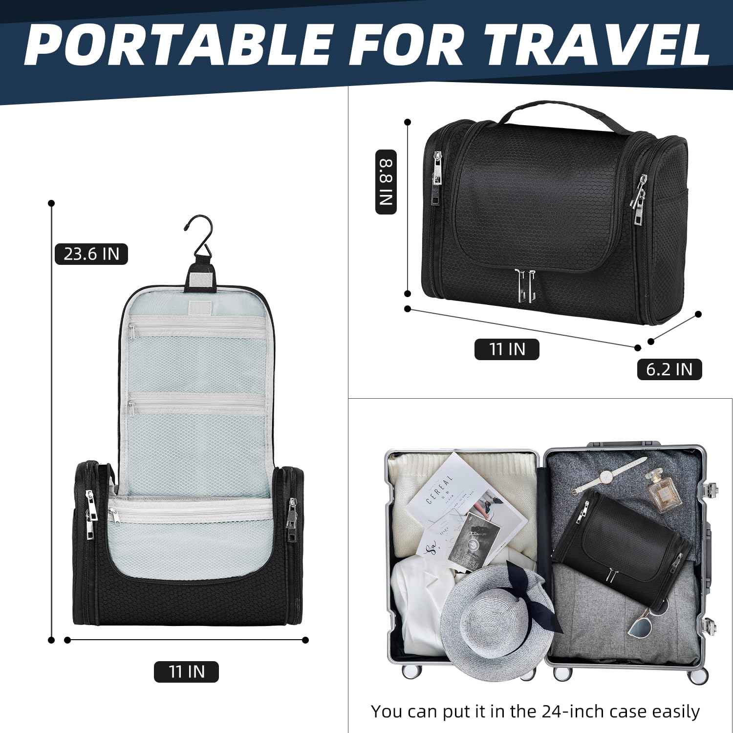 Buruis Large Capacity Toiletry Bag for Women and Men, Hanging Toiletry Organizer Cosmetics Makeup Bag, Water-resistant Dopp Kit Shaving Bags for Full Sized Toiletries, Travel Essentials (Black)