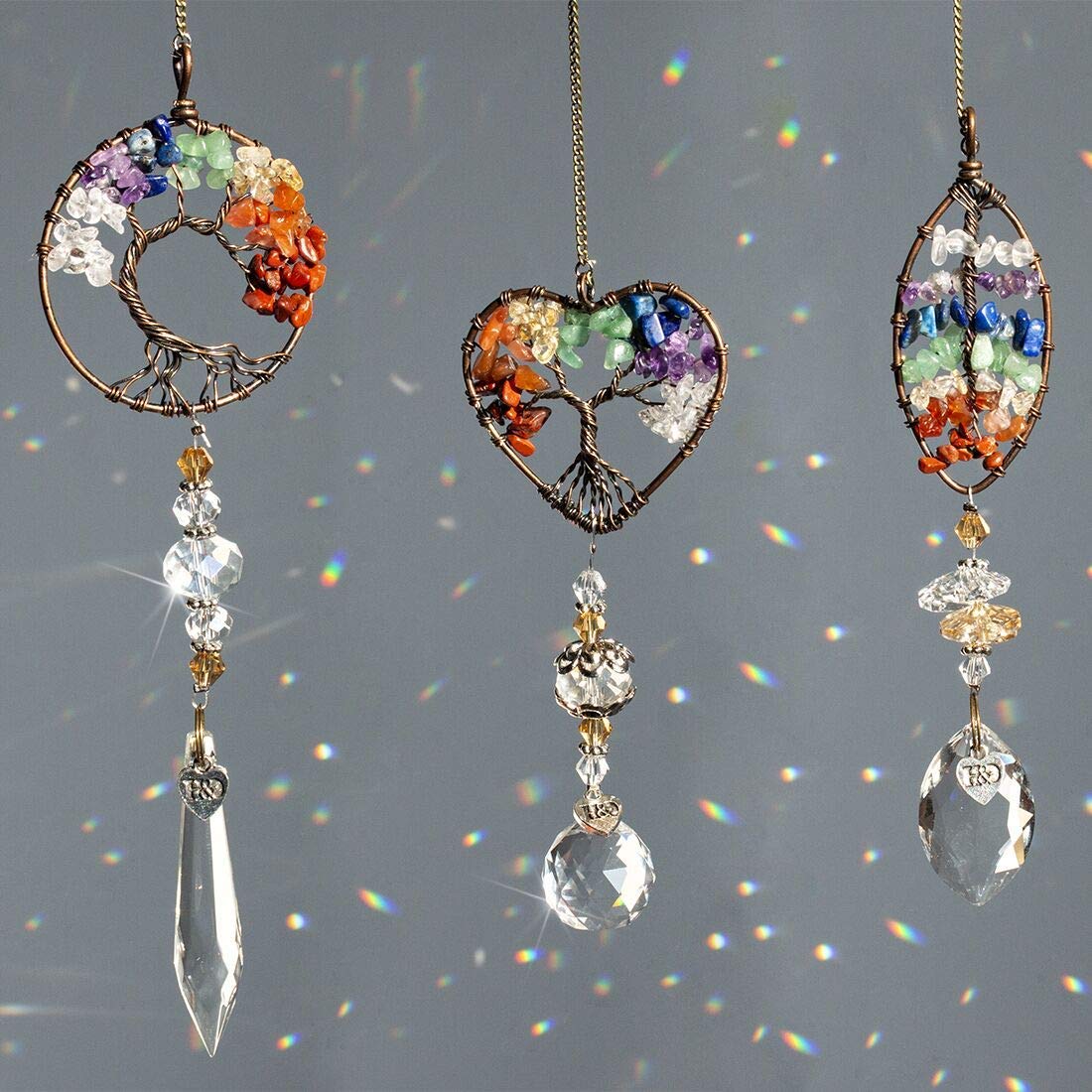 H&D HYALINE & DORA Sun Catcher Hanging Crystal Tree of Life and Metal Angel Wing Decor Rainbow Maker Drops Hang for Window, Home, Car Charms