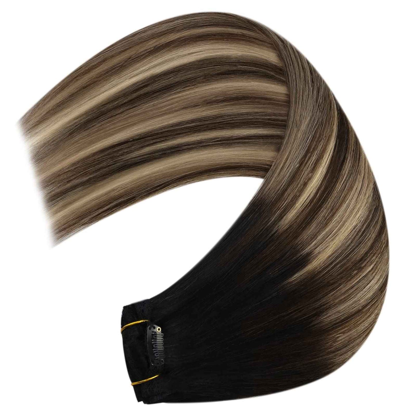 YoungSee 18 Inch Clip in Hair Extensions Black Ombre 120G Clip in Human Hair Extensions Balayage Natural Black Ombre Dark Brown Mix Caramel Brown Clip ins Extensions Ease of Use 18In 7Pcs