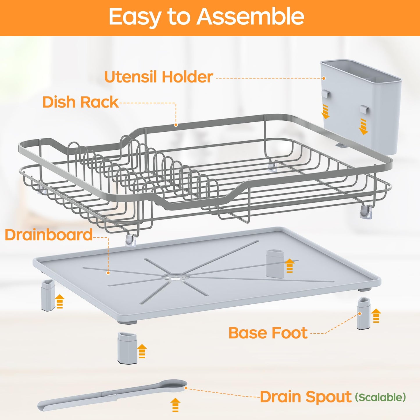 ROTTOGOON Dish Drying Rack, Stainless Steel Rustproof Dish Rack for Kitchen Counter, Sturdy Dish Drainer with Drainboard, Drainage, Utensil Holder for Various Kitchenware, 16.2"(L) x 12.6"(W), Grey