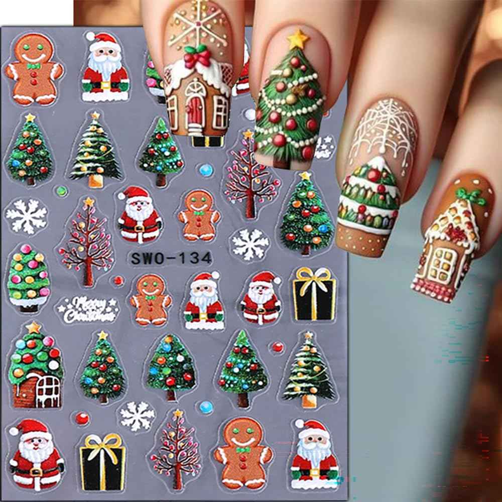 Christmas Nail Stickers 5D Embossed Christmas Tree Snowman Nail Art Stickers Snowflake Nail Decals Self-Adhesive Santa Claus Gingerbread Man Design Sticker Holiday Nail Art Decoration for Women 4Pcs