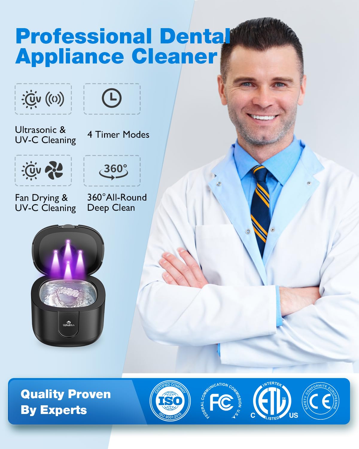 Widit Ultrasonic Retainer Cleaner, Retainer Cleaner Machine with U-V Light & Drying, 46kHz Sonic Cleaner Machine, 4 Modes with Digital Timer for Dentures, Mouth Guard, Braces, Aligner, Jewelry