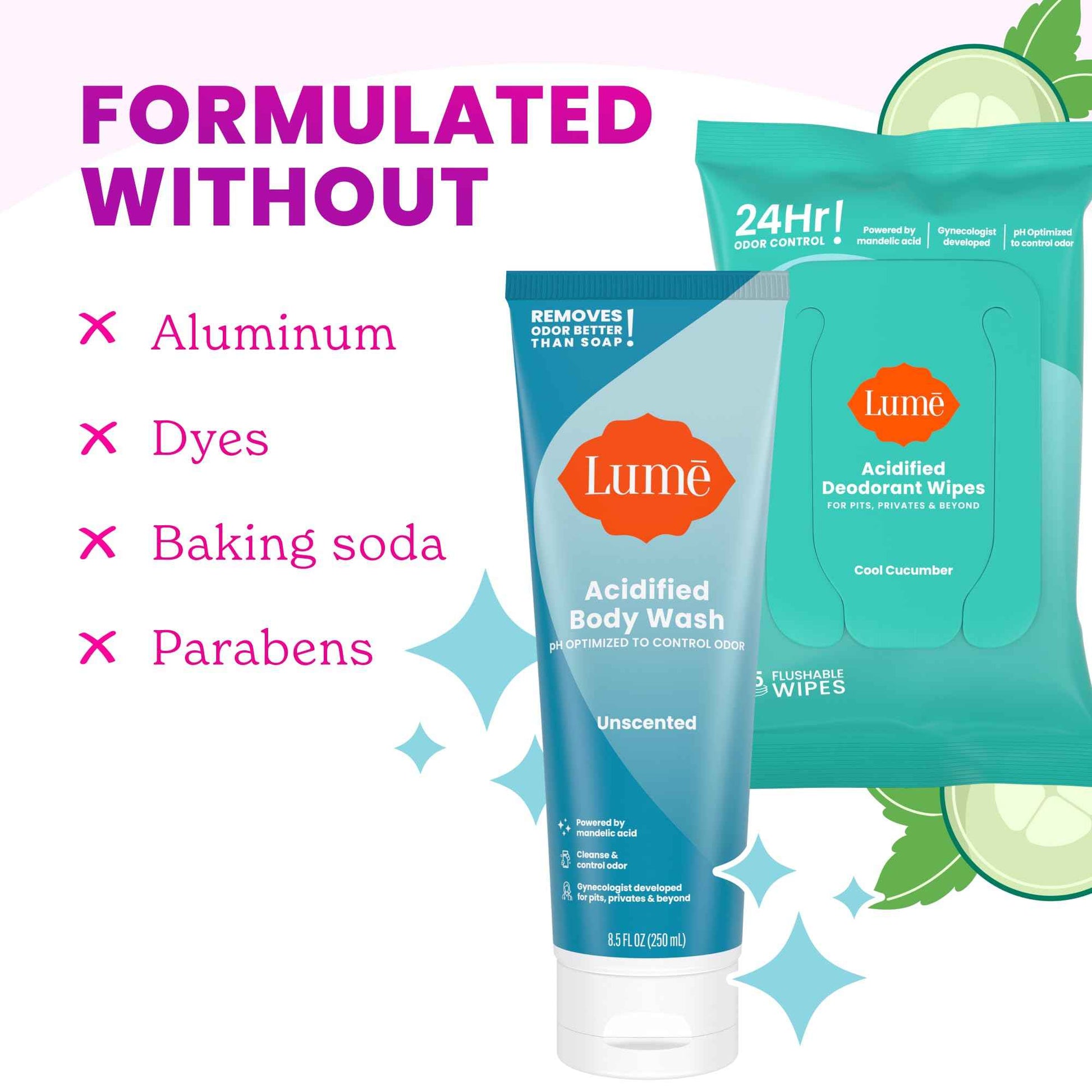 Lume Acidified Body Wash & Flushable Deodorant Wipes - 24 Hour Odor Control - Hydrating Wash - Without SLS or Parabens - OB/GYN Developed - 8.5 Ounce (Unscented) 15 Count Wipes (Cool Cucumber)
