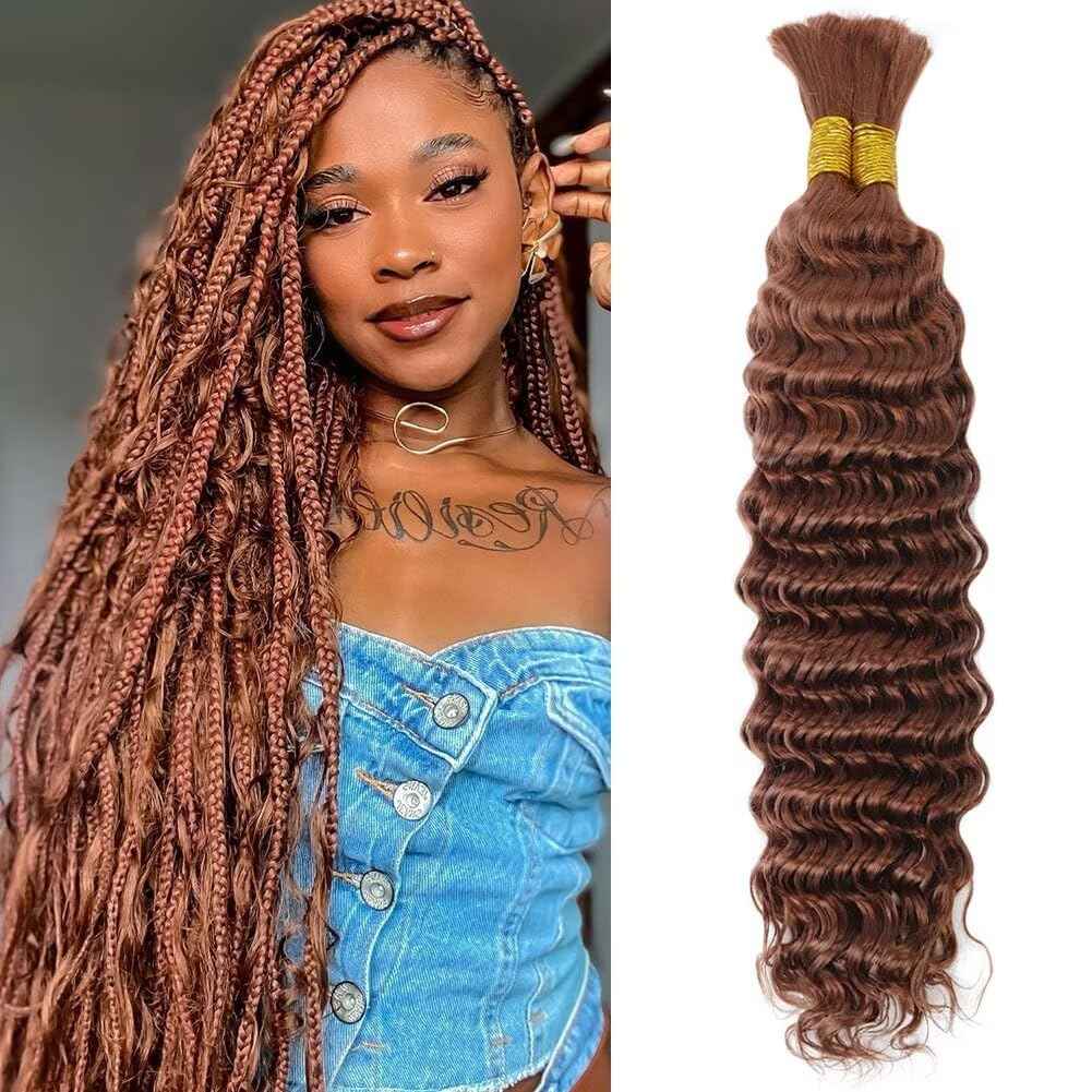 16 Inch 100g Deep Wave Human Braiding Hair 2 Bundles/Pack Deep Curly Bulk Human Braiding Hair for Boho Braids Color 30# No Weft 100% Human Brown Braiding Hair Extensions for Micro Braiding