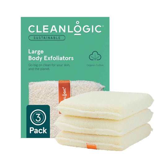 Cleanlogic Organic Cotton Exfoliating Body Scrubber, Reusable Exfoliator Tool for Smooth Skin, Daily Skincare Routine, Natural, 3 Ct Value Pack
