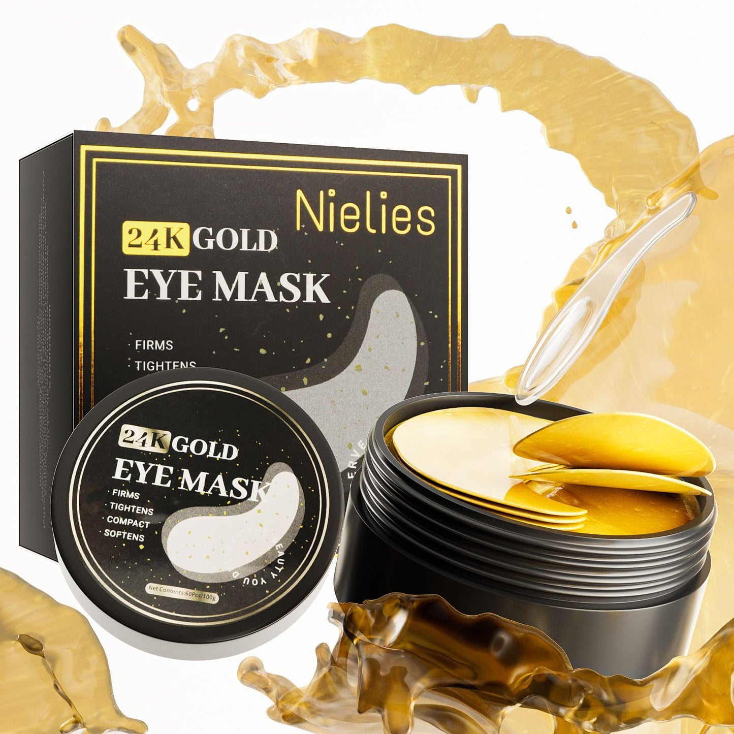 Nielies Under Eye Patches (30 Pairs) - 24K Gold Eye Patches for Puffy Eyes, Dark Circles, Eye Bags - Skin Care with Collagen, Pearl Extract & Hyaluronic Acid - Anti-Aging Eye Masks (24 Gold- Box)