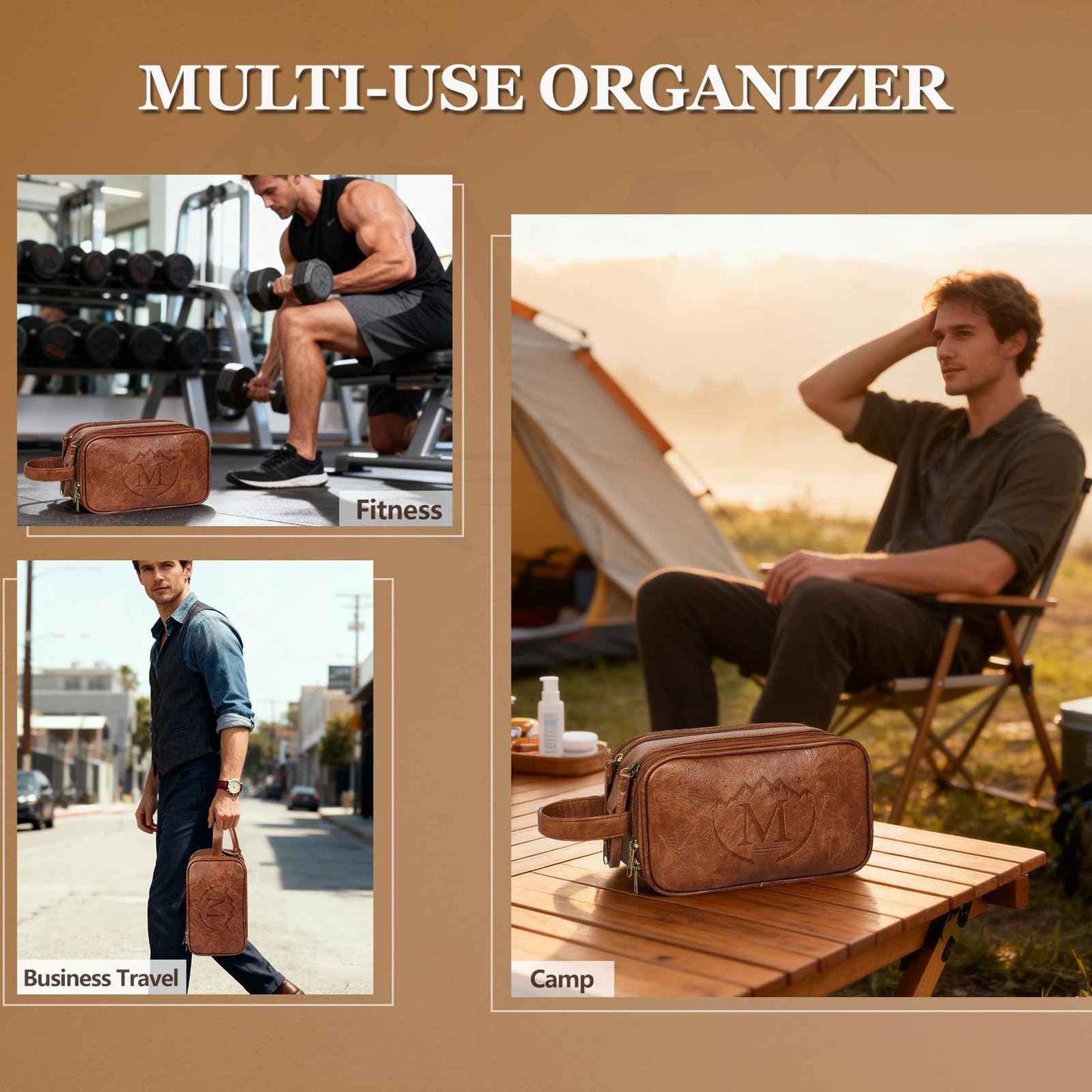 MaqSacion Travel Toiletry Bag for Men,Mens Shaving Bags for Toiletries,Men's Toiletry Travel Bag Leather,Personalized Travel Essentials,Birthday Gifts For Men,Brown- M