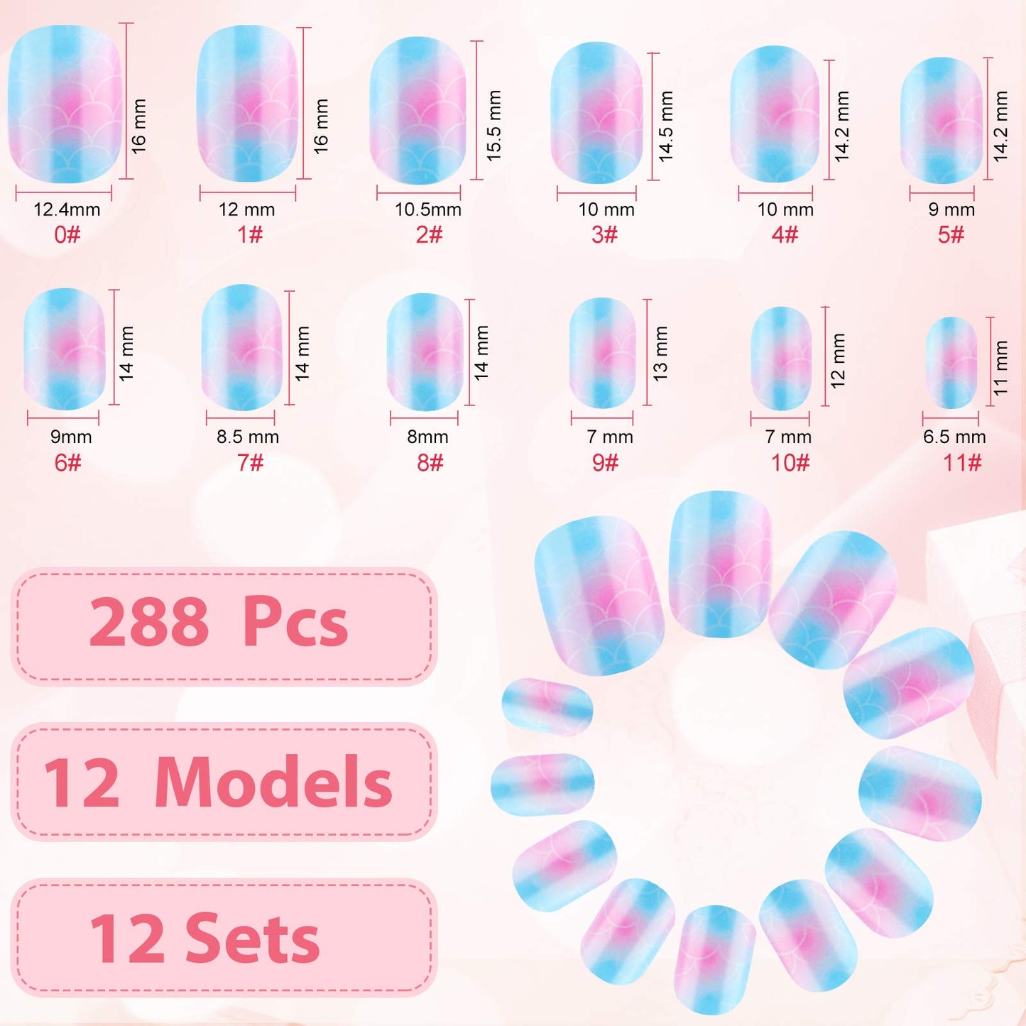 240 Pieces 12 Sets Press on Nails for Kids Girls Fake Nails Artificial False Fingernail Pre-glue Full Cover Cartoon Gradient Short Nail Tip for Girls Kids Nail Decoration