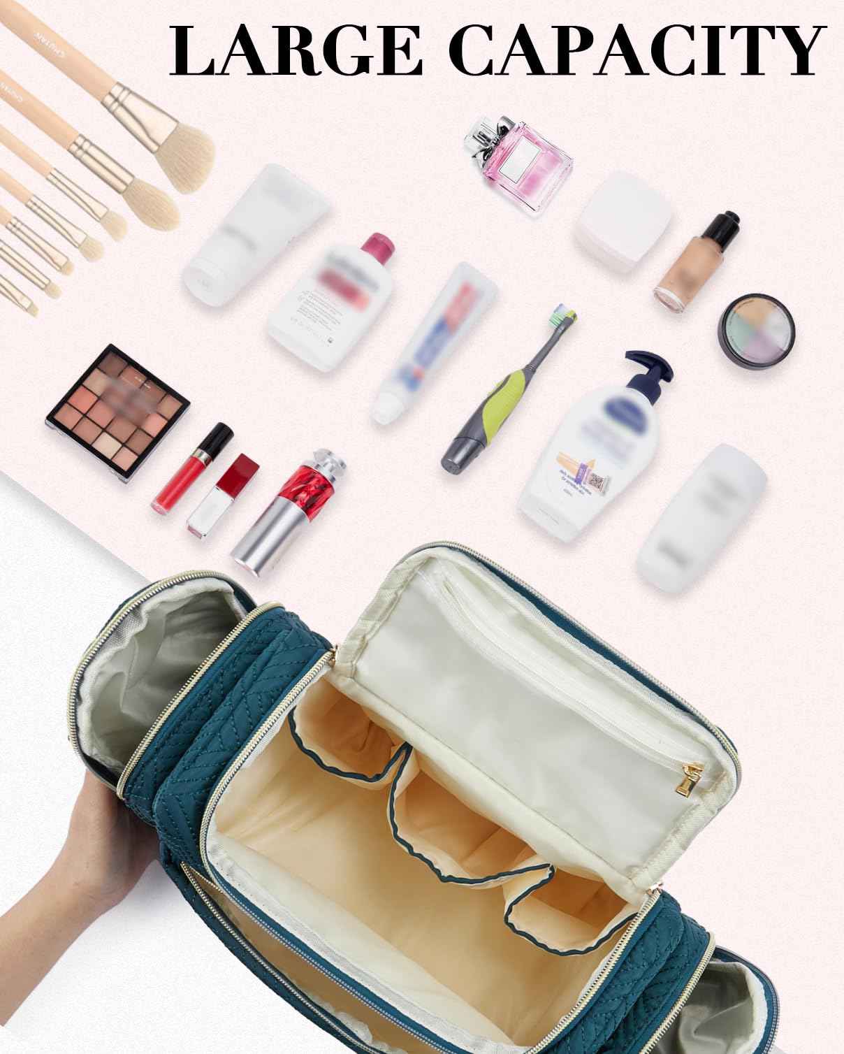 Telena Travel Toiletry Makeup Bag - Multifunctional Cosmetic Organizer Pack,Water Resistant Essentials for Women, Portable Foldable Toiletries Kit, Dry and Wet Separation, Large Capacity, Black Green