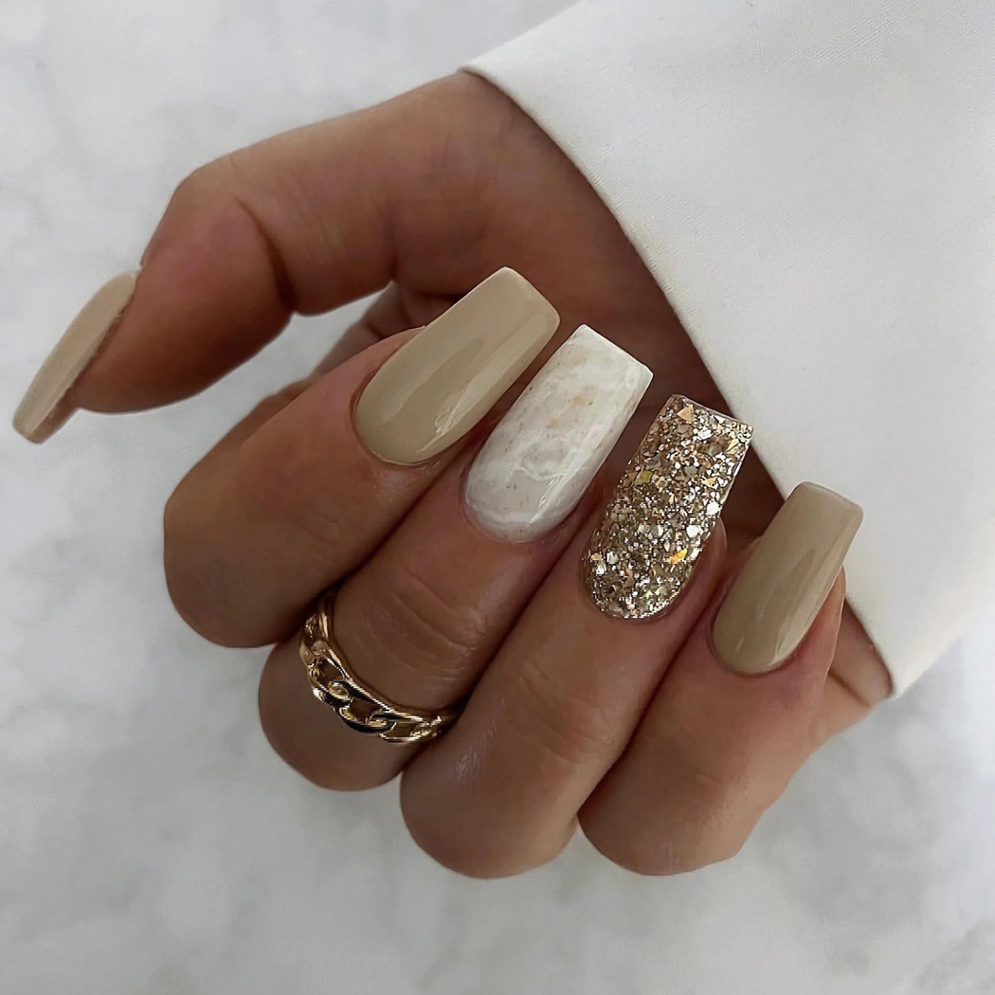 BABALAL Long Square Press on Nails White Nude Fake Nails Golden Glitter Shiny Glue on Nails 24Pcs Cute Design Acrylic Nails Squoval Manicure False Nails for Women and Girls