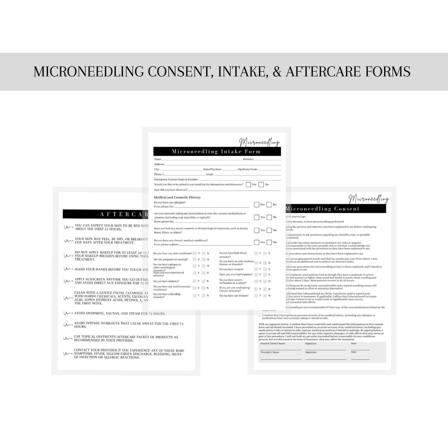 Microneedling Intake Forms, Consent, Aftercare Instructions | 75pk 25 of Each | Skin Rejuvenating Microneedling | Anti Aging, Anti Wrinkle | 8.5 x 11” Client Intake Signature Minimalist Black White
