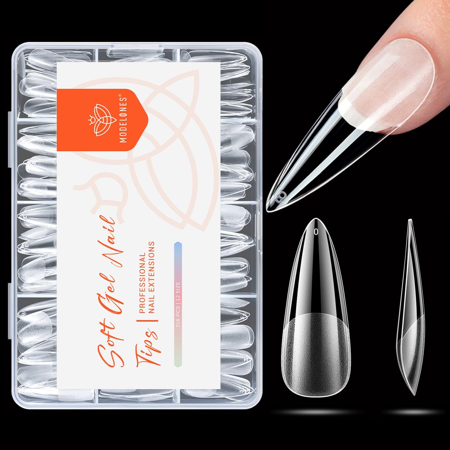 modelones Medium Stiletto Nail Tips, Pre-shaped Full Cover Fake Nails Soft Gel Acrylic Nail Tips Nail Extension False Gel x Nail Kit 216PCS 12Sizes