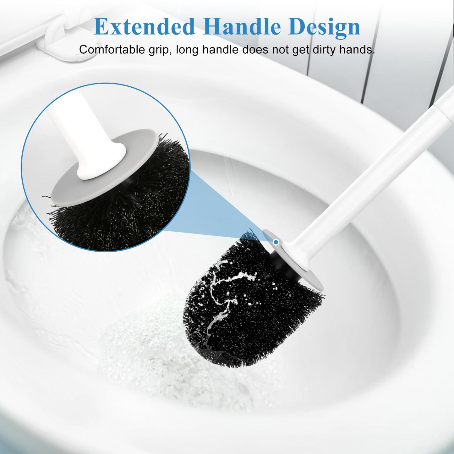 Toilet Brush and Holder, Toilet Bowl Brush and Holder with Long Handle, Plastic Holder Easy to Hide, Drip-Proof, Easy to Assemble, Deep Cleaning