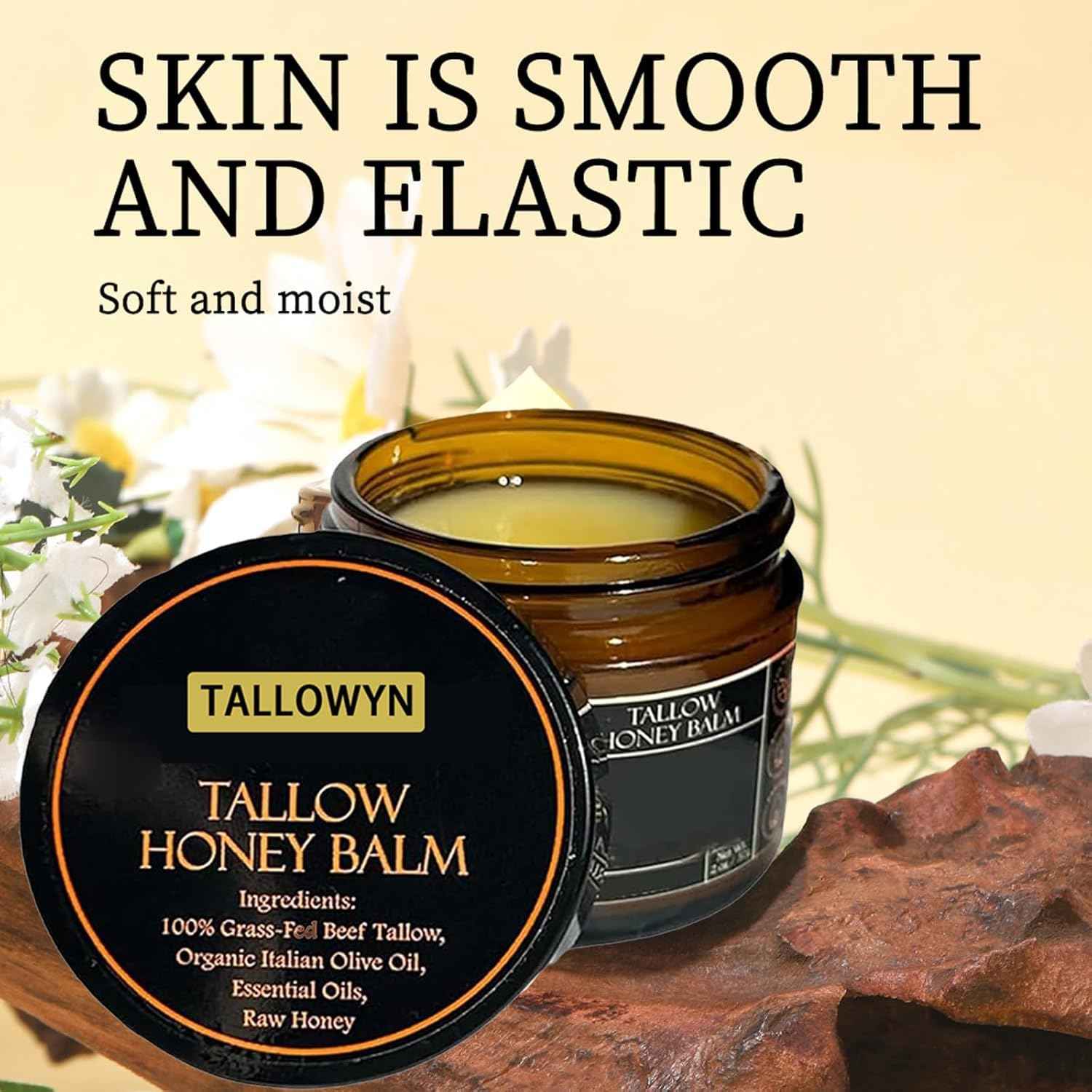 Grass-Fed Beef Tallow Balm with Raw Honey, Beef Tallow and Honey Balm for Face and Body, Natural Soothing Moisturizing, Deep Nourishing, 4.23oz / 120g