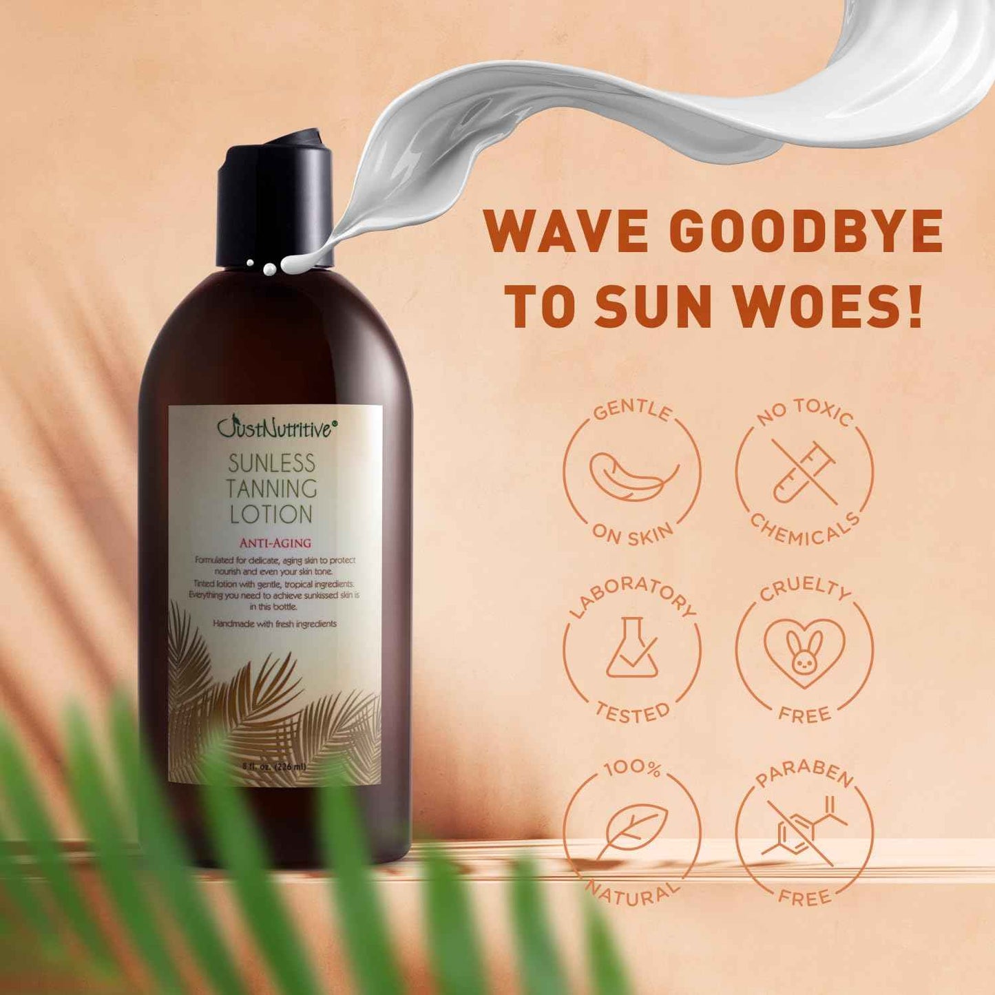 Sunless Tanning Lotion | Anti-Aging Self-Tanner | Body Tanning | Sun Kiss Glow Bronze Finish | Bronzer Lotion For All Skin Types | Just Nutritive | 8 Oz