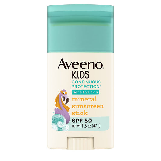 Aveeno Kids Continuous Protection Zinc Oxide Mineral Sunscreen Stick for Sensitive Skin, Face & Body Sunscreen Stick for Kids with Broad Spectrum SPF 50, Sweat- & Water-Resistant, 1.5 oz