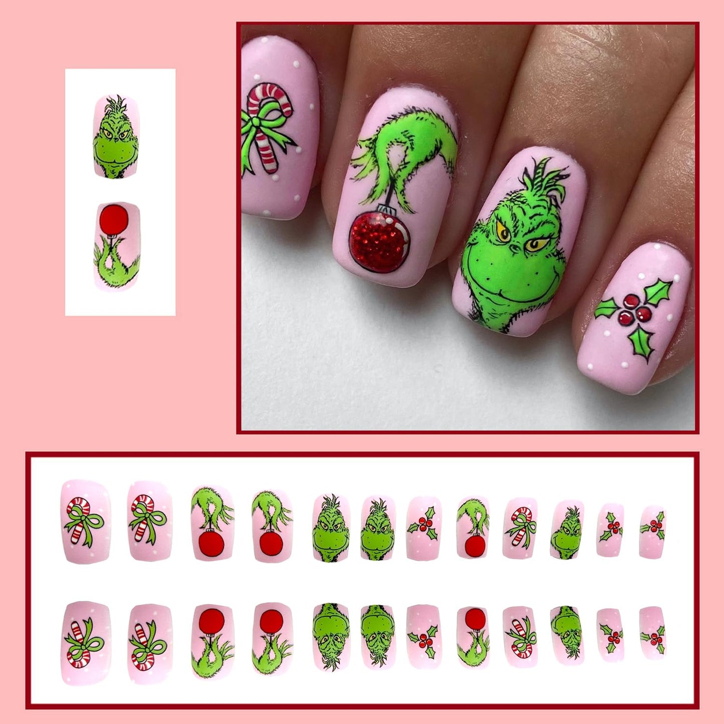 Christmas Press on Nails Short Square Fake Nails Pink Stick on Nails Winter False Nails with Fun Cartoon Green Haired Monster Designs Xmas Candy Cane Press on Nails for Women Girls Holiday Manicure