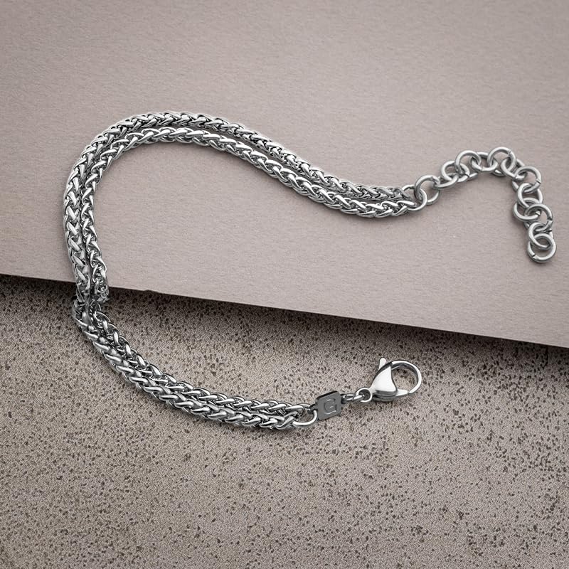 Galis Mens Bracelet - Stainless Steel Bracelet for Men, Non Tarnish Silver Plated Rope Chain Bracelet, Stylish Birthday Bracelets For Boys & Men, Silver Layered Bracelet For Men 7" length Bracelet Set