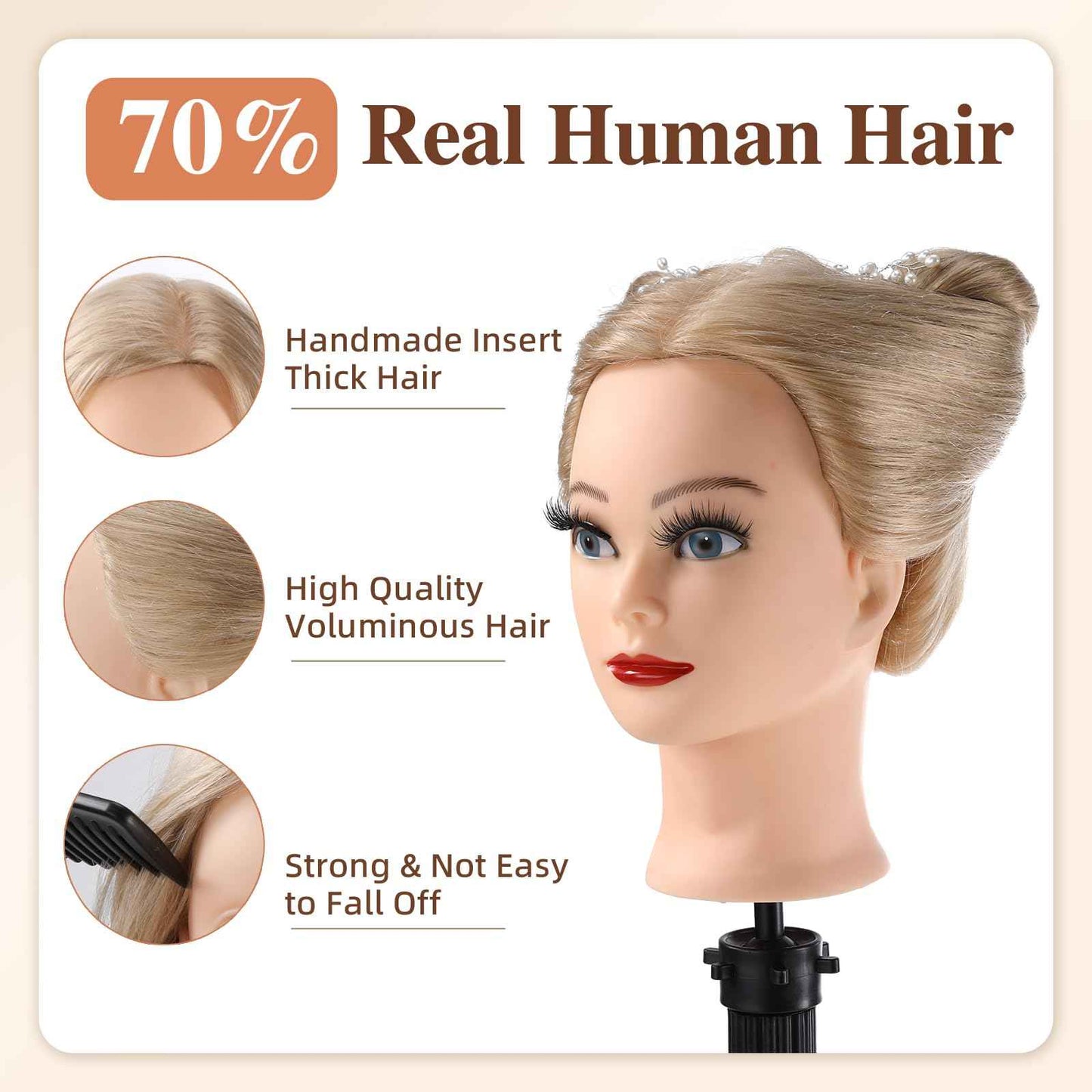 Mannequin Head Human Hair, 24”Mannequin Head with 70% Real Hair Mannequin Cosmetology Manikin Practice Doll Head for hair styling Braiding Hairdressing Head with Table Clamp + DIY Hair Styling Set