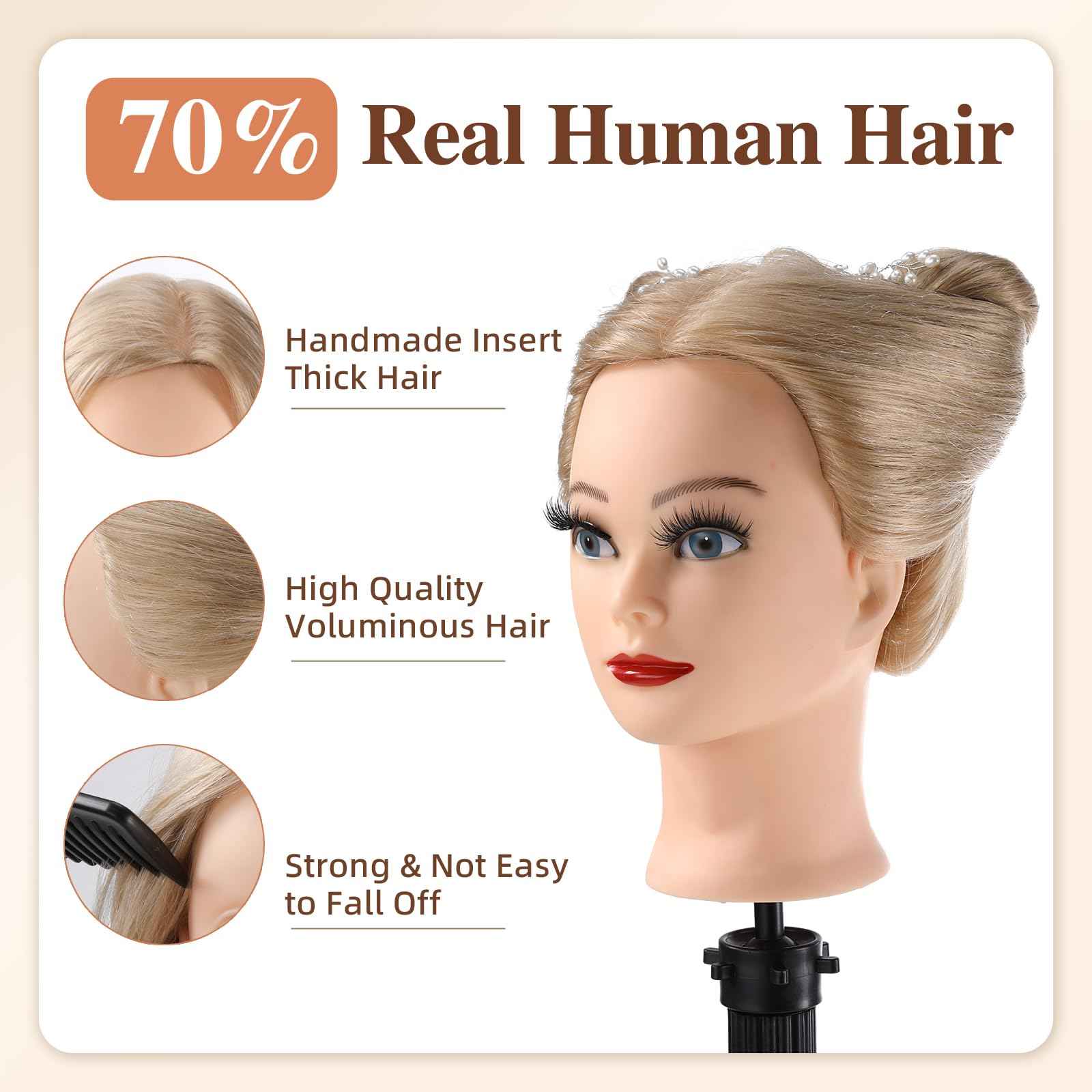 Mannequin Head Human Hair, 24”Mannequin Head with 70% Real Hair Mannequin Cosmetology Manikin Practice Doll Head for hair styling Braiding Hairdressing Head with Table Clamp + DIY Hair Styling Set