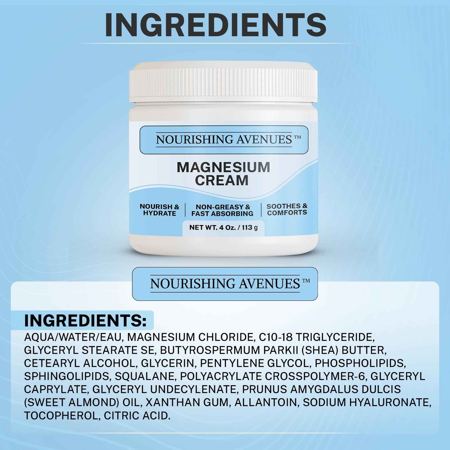 NOURISHING AVENUES Magnesium Cream - Natural Magnesium Cream for Skin Care of Body, Legs & Feet - Non-Greasy - Unscented Formula for Nighttime – Hydrating Topical Moisturizer 4 Oz