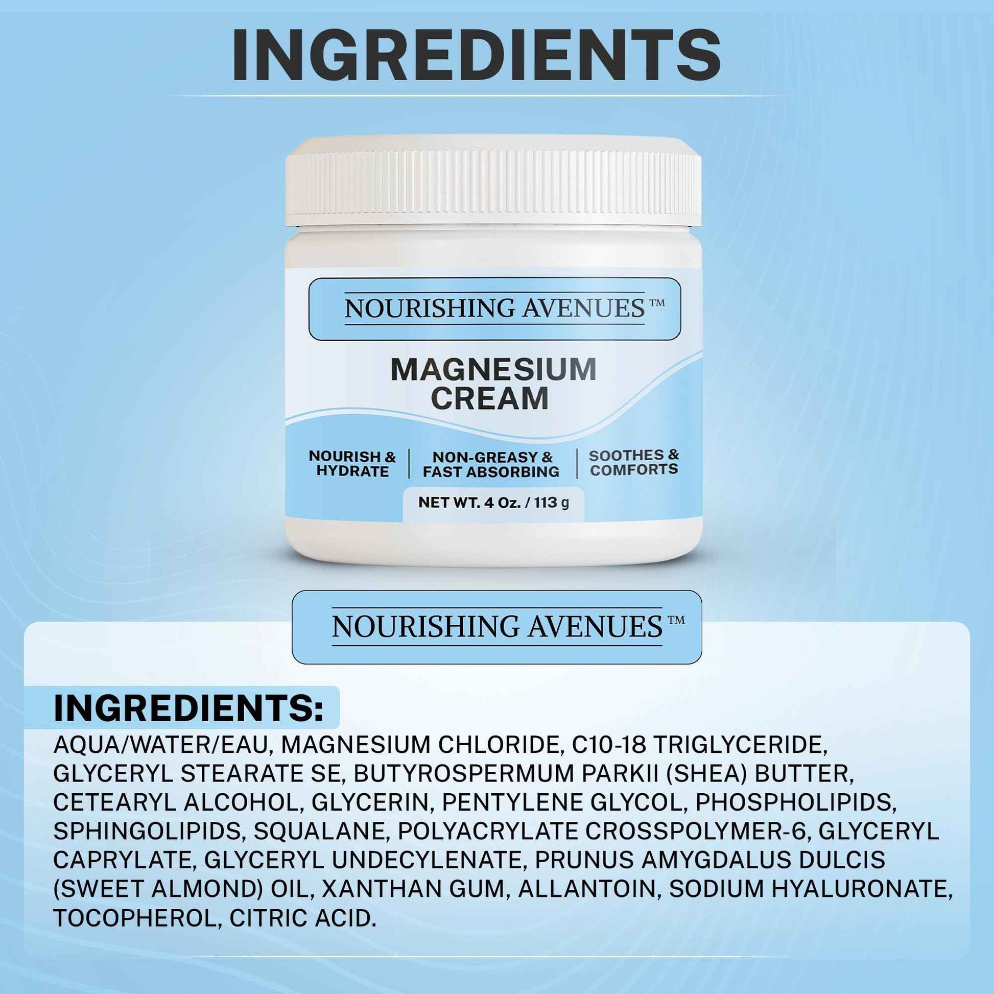 NOURISHING AVENUES Magnesium Cream - Natural Magnesium Cream for Skin Care of Body, Legs & Feet - Non-Greasy - Unscented Formula for Nighttime – Hydrating Topical Moisturizer 4 Oz