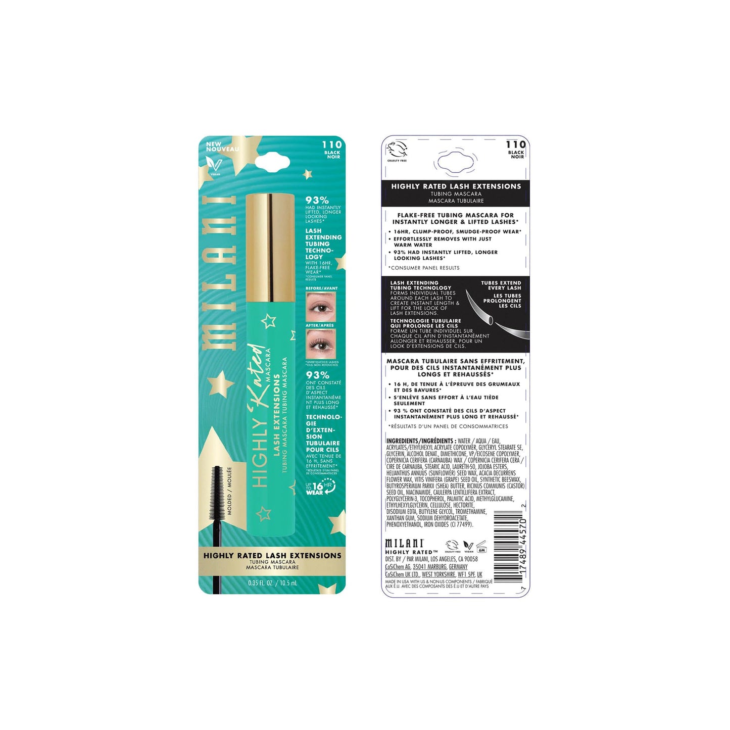 Milani Highly Rated Lash Extensions Tubing Mascara for Added Length and Lift - Black - 2 Pack