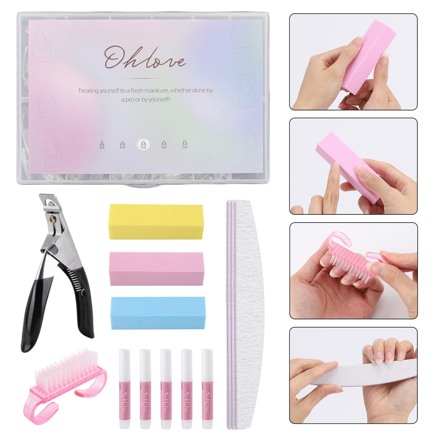 513Pcs Acrylic Nail Kit - 500Pcs Almond Clear Nail Tips with 5Pcs Nail Glues, 3Pcs Sponge Nail Files, 3Pcs 100/180 Grit Nail Files, Nail Clippers, Dust Brush