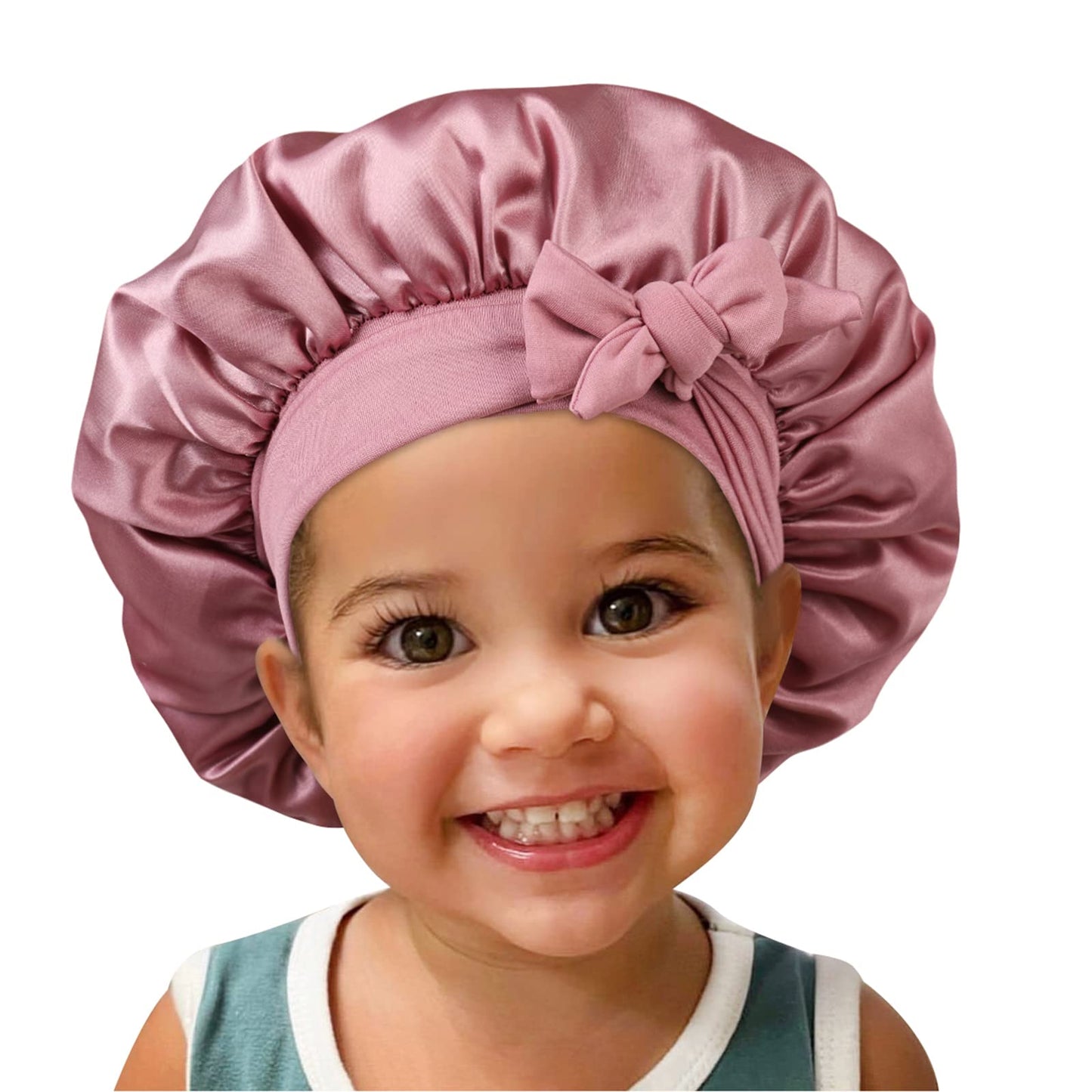 Satin Silk Bonnet Hair Cap: 2pcs Bonnets For Kids with Elastic Tie Band Adjustable Straps for Sleeping Sleep Comfortable - Stretchy Tie Band Hair Bonnets No Slip-Off (Black-RoseGold-K)