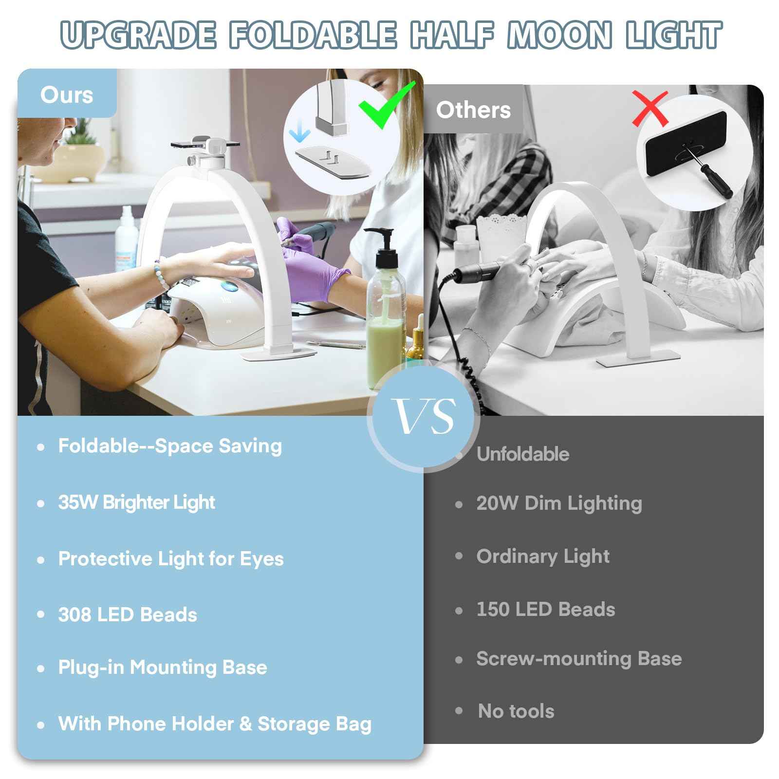 MYSWEETY Foldable Half Moon Nail Desk Lamp, 23 Inch Lash Tech Light with Phone Holder, Estheticians Table Lamp for Tattoo, Lash Eyelash Extension, Beauty