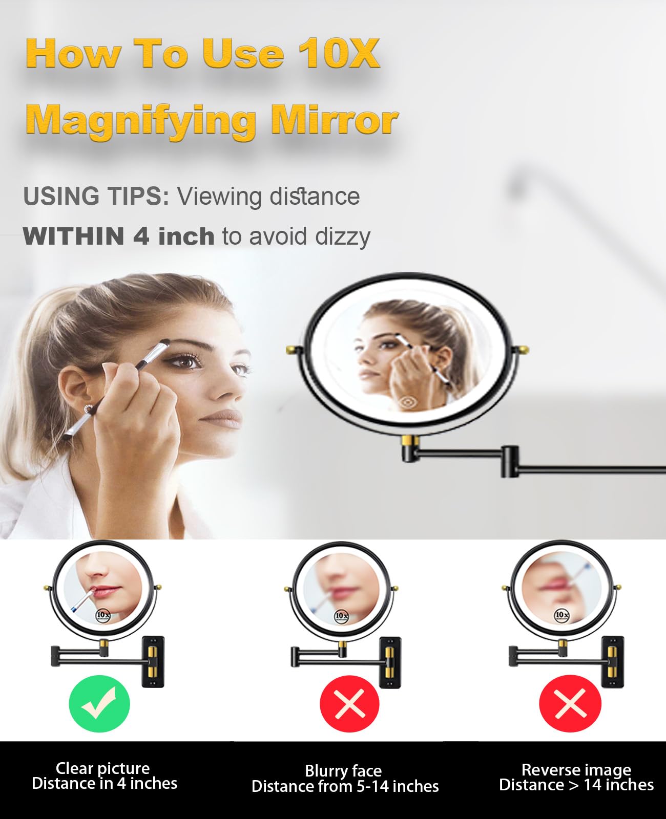 Vitoki 9" Wall Mounted Magnifying Mirror with Lights,3 Modes Dimmable 1X/10X Double Sides Lighted Makeup Mirror Wall Mounted,USB-C Rechargeable 360° Rotation Vanity Mirror with Lights for Bathroom