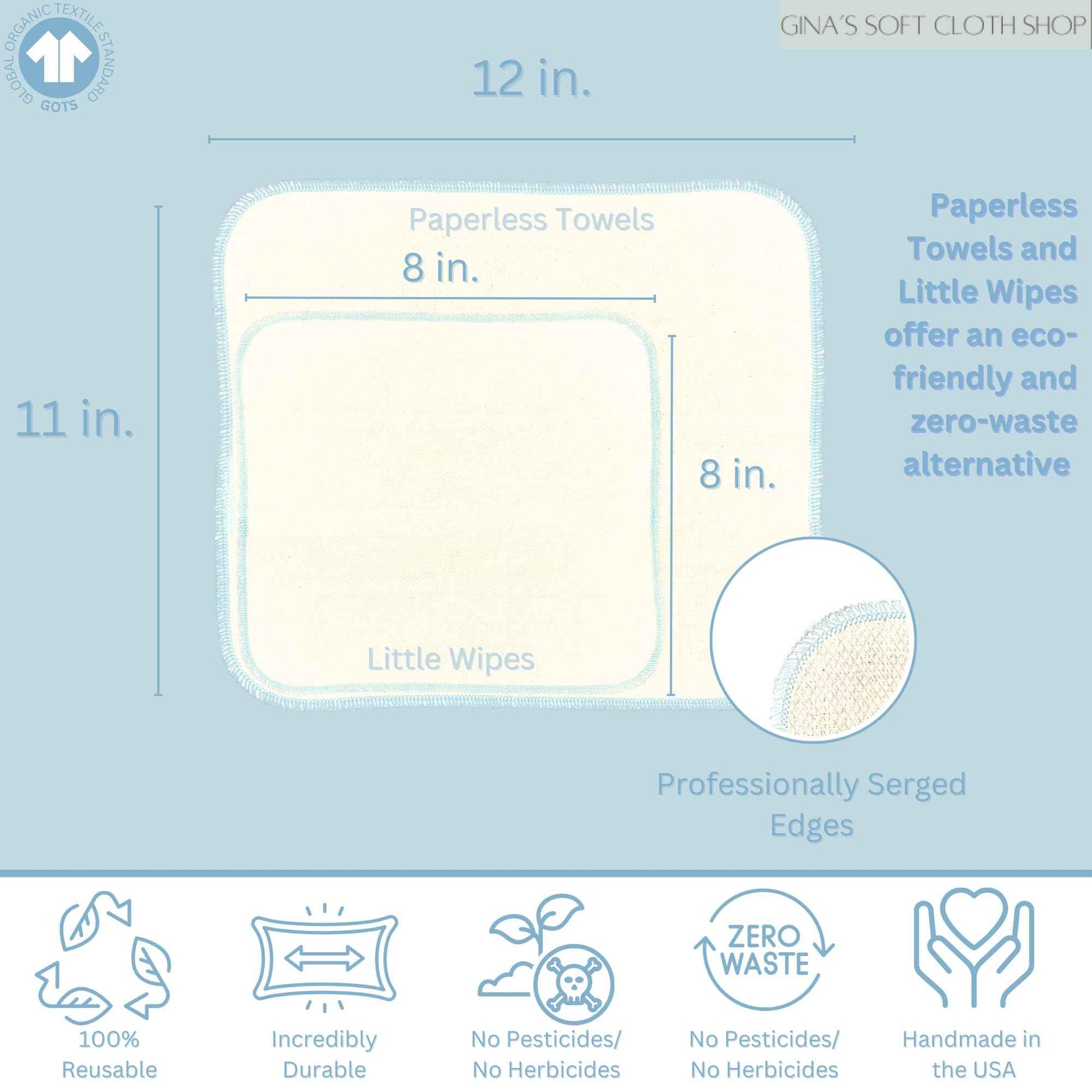 Gina's Soft Cloth Shop 1 Ply Organic Birdseye Washable Baby Wipes 8x8 Inches Set of 20 Rainbow Assortment- Proudly Made in the USA!