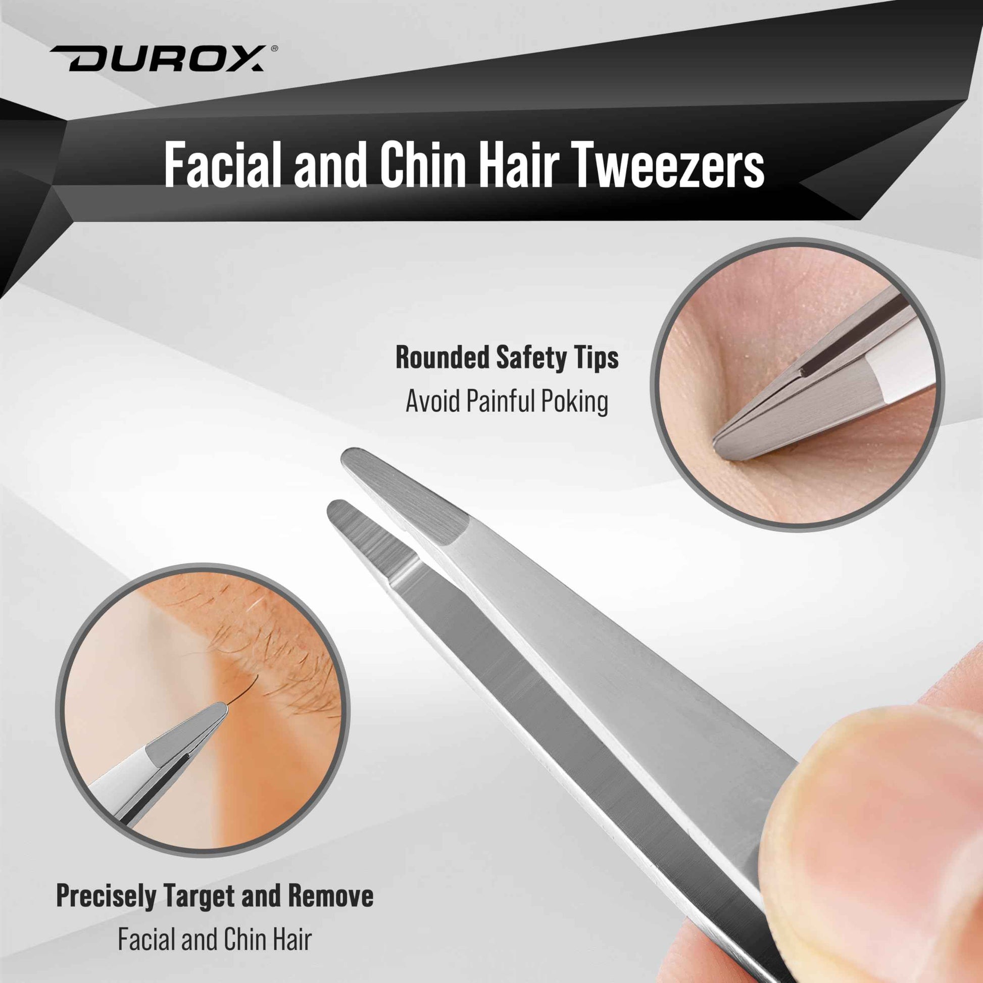 DUROX 3-Piece Tweezer Set — 1.Pointed Ingrown Hair Tweezers, 2.Fine-Tip Splinter Tweezers, 3.Safety Round Tip for Facial & Chin Hair Removal. Made of stainless steel. Protective pouch for safe storage