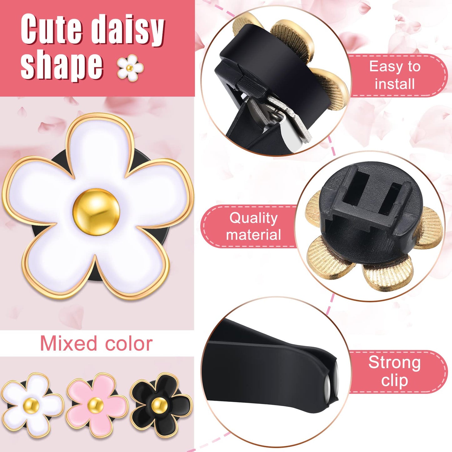 Frienda 6 Pcs Daisy Flower Air Vent Clip Air Freshener Outlet Clip Car Air Conditioning Clip Charm Car Inter Decor(Black, Pink, White, 3 cm, 3.3 cm)