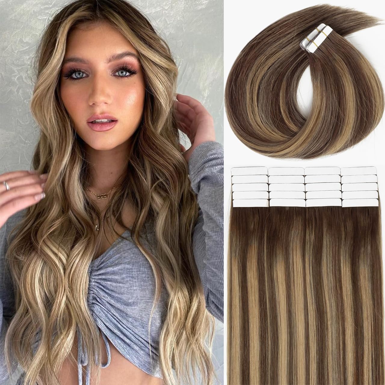 LacerHair Hair Extensions Tape in Human Hair Color #5 Dark Brown Fading to #12 Dirty Blonde with #5 Dark Brown Roots Natural Hair Extensions 20PCS 50G Tape in Straight Skin Weft 14 Inch