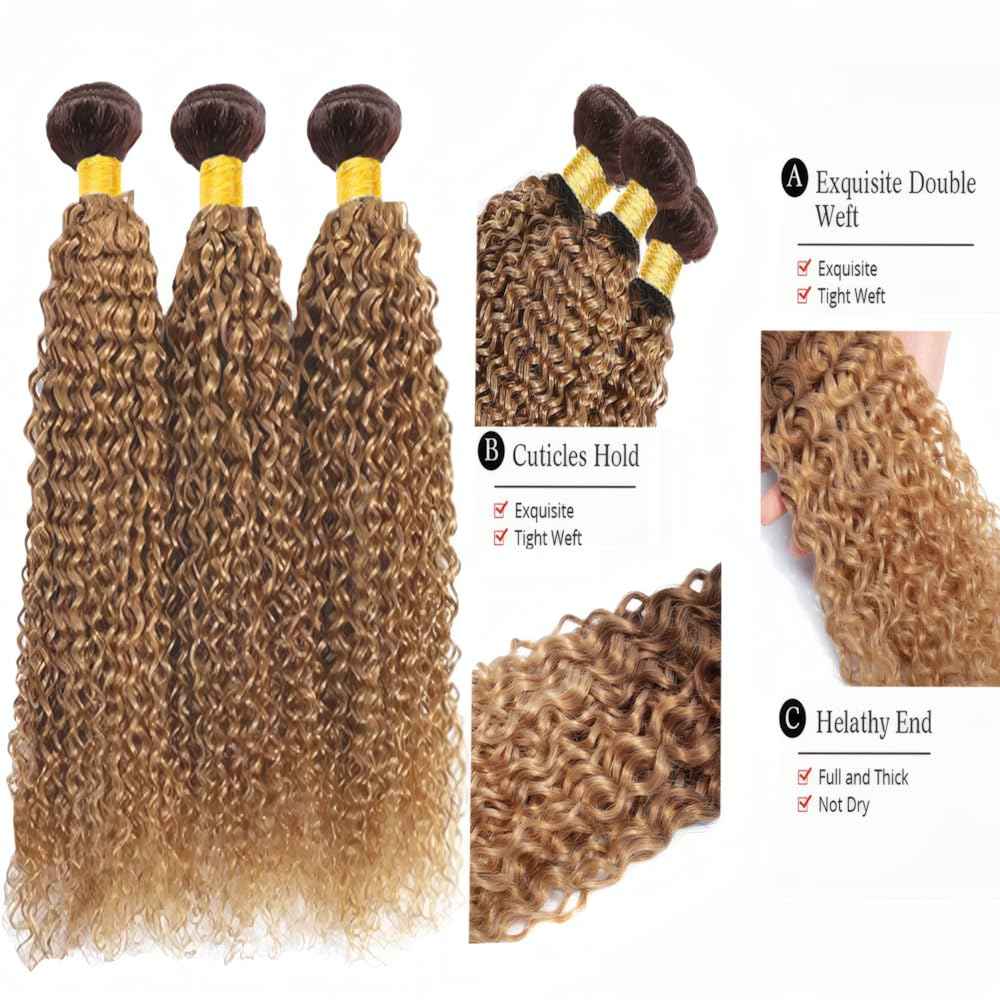 LOIUMGUU T4/27 Honey Blonde Highlight Bundles Ombre Brown Kinky Curly Human Hair 3 Bundles 10 12 14 Inch Brazilian Virgin Human Hair Dark Brown to Honey Blonde for Women Hair Extension