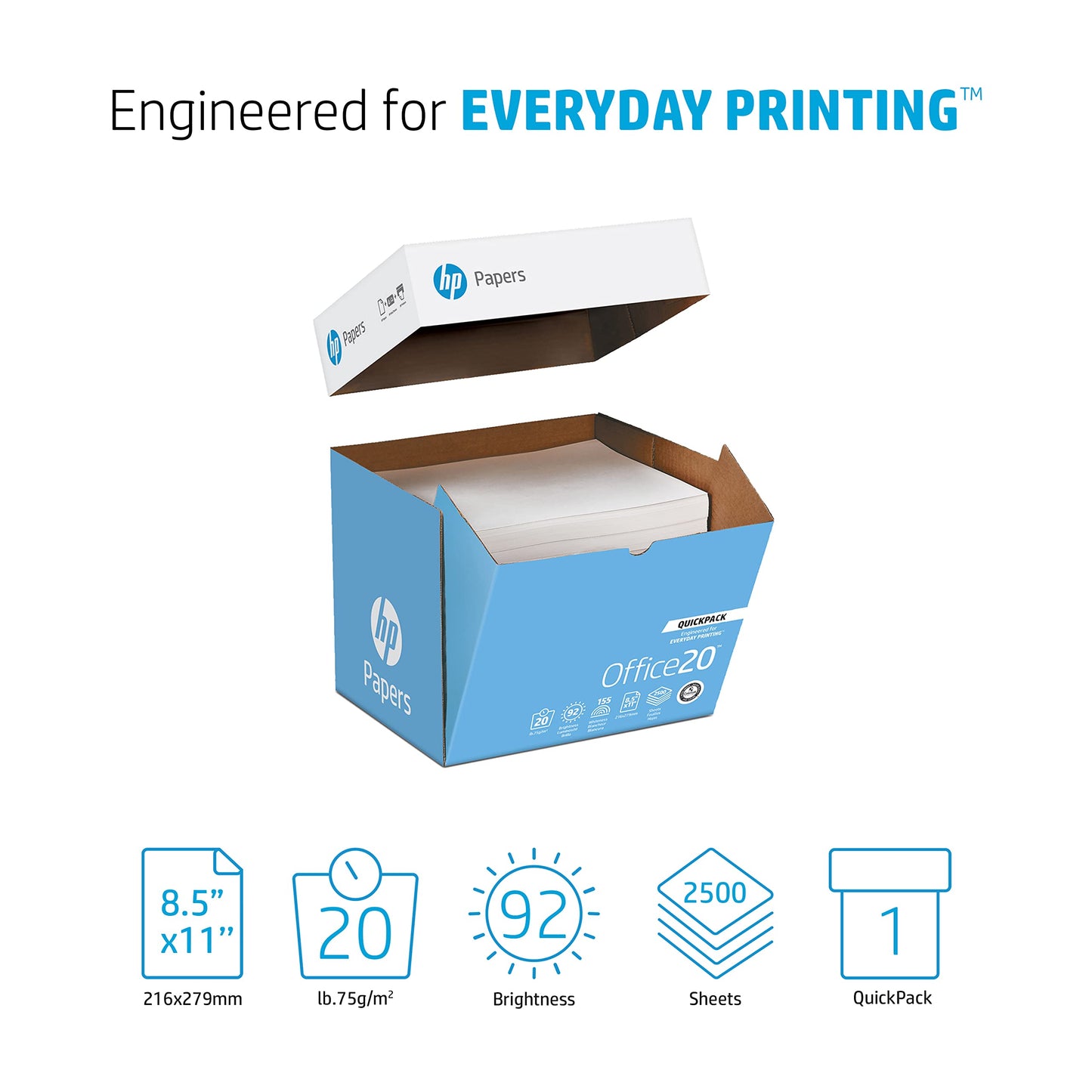 HP Papers | 8.5 x 11 Paper | Office 20 lb | Quickpack Case - No Ream Wrap- 2,500 Sheets | 92 Bright | Made in USA - FSC Certified | 112103C