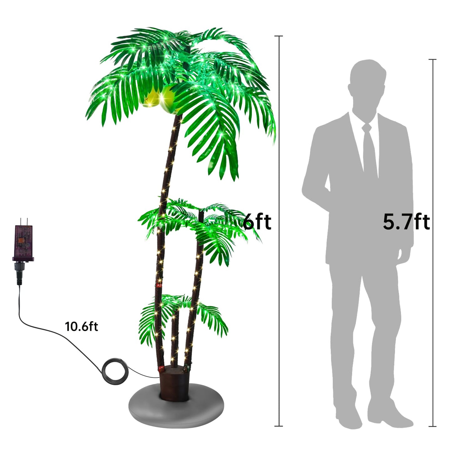 6FT Lighted Fake Palm Tree with 2 Trunks Artificial Palm Tree with LED Lights, for Home Decoration, Parties, Christmas, Nativity Scenes, and Outdoor Patios (6FT-3 Trunks)