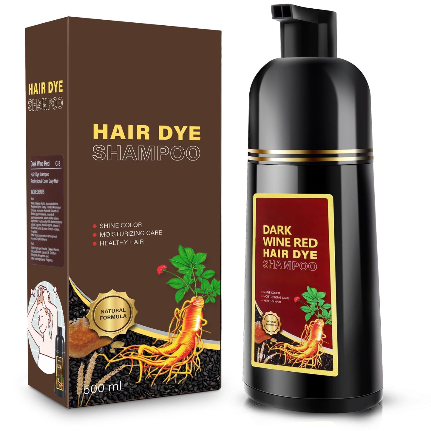 Dark Wine Red Herbal Hair Dye Shampoo 3 in 1, 500ml for Gray Hair Grey Coverage Shampoo for Women Men