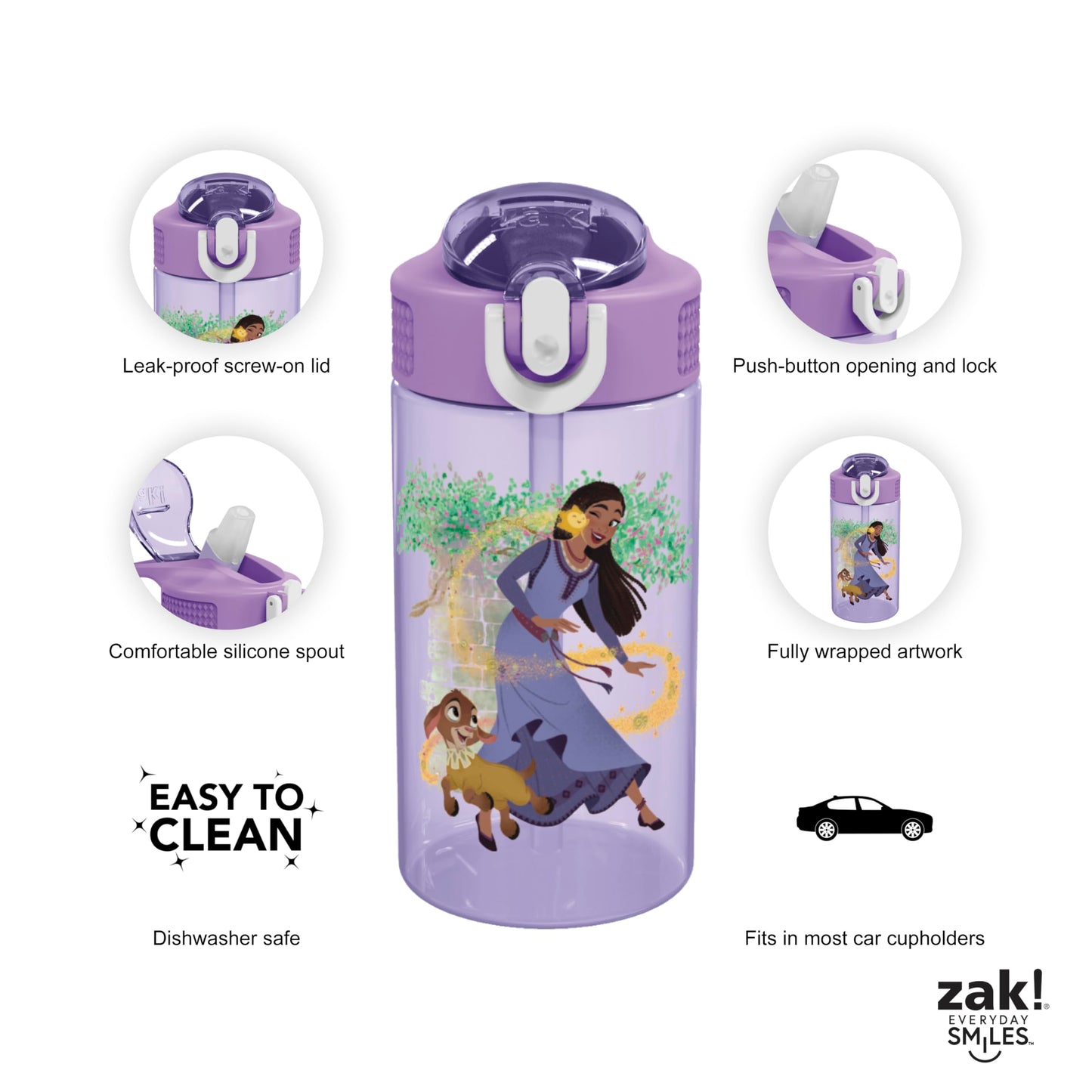 Zak Designs Disney Wish Kids Water Bottle For School or Travel, 16oz Durable Plastic Water Bottle With Straw, Handle, and Leak-Proof, Pop-Up Spout Cover (Asha & Valentino)