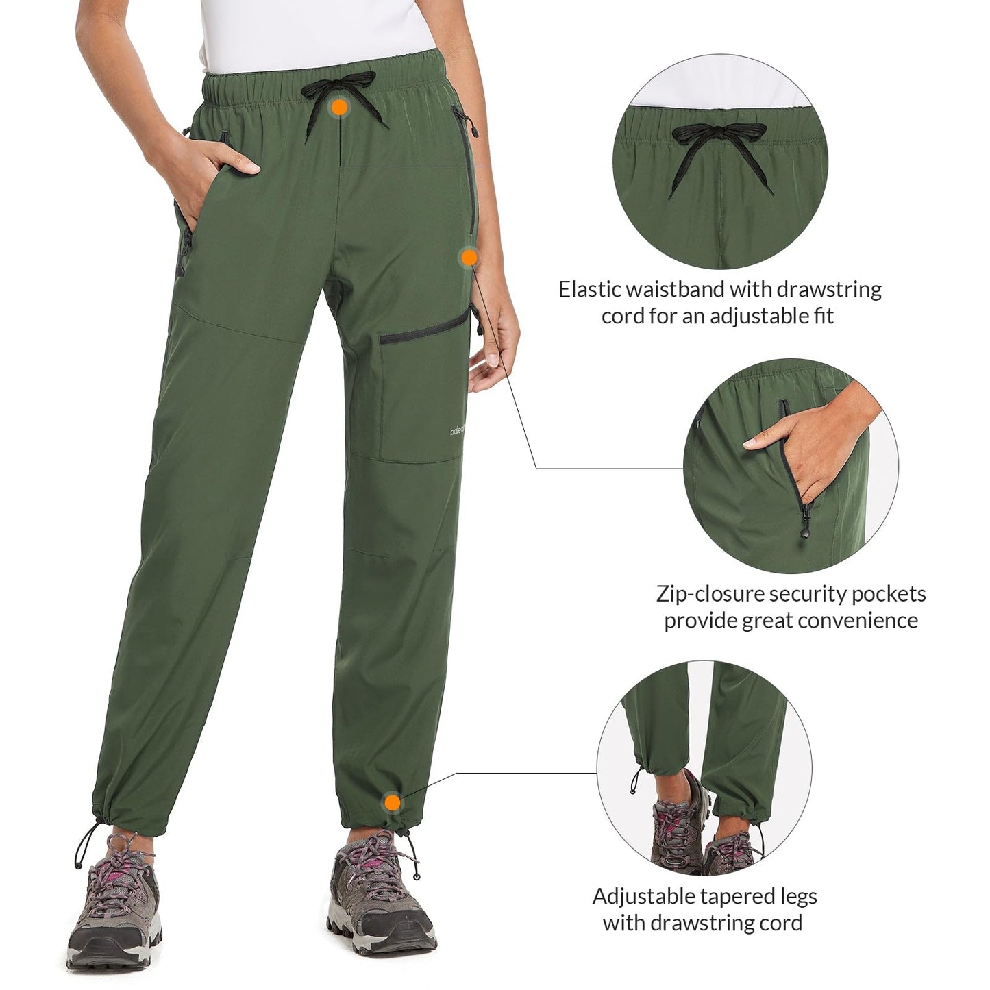 BALEAF Women's Hiking Pants Quick Dry Water Resistant Lightweight Joggers Pant for All Seasons Elastic Waist Army Green Size XS